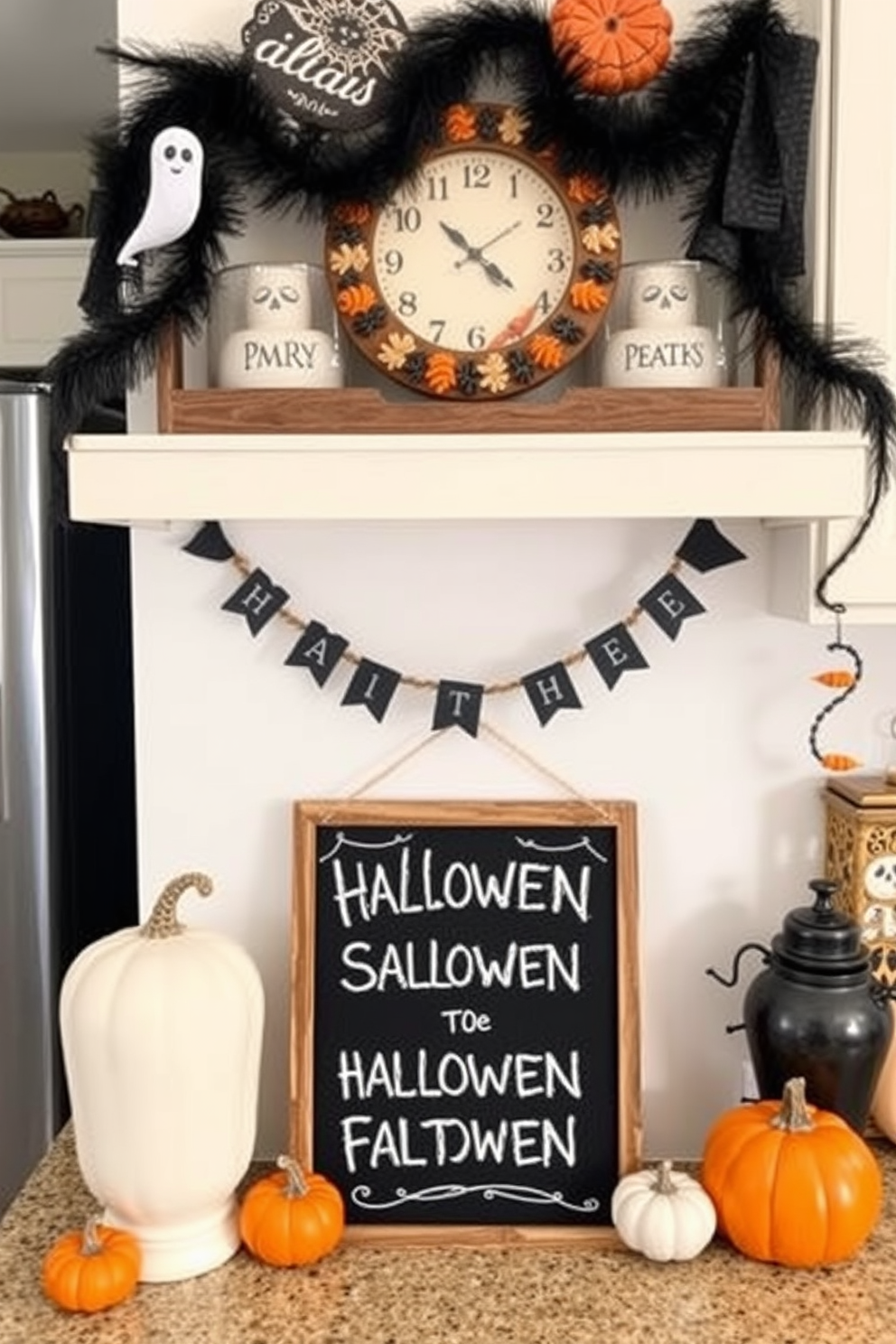 A cozy kitchen adorned for Halloween. A chalkboard sign displays spooky messages surrounded by festive decorations like miniature pumpkins and ghostly garlands.