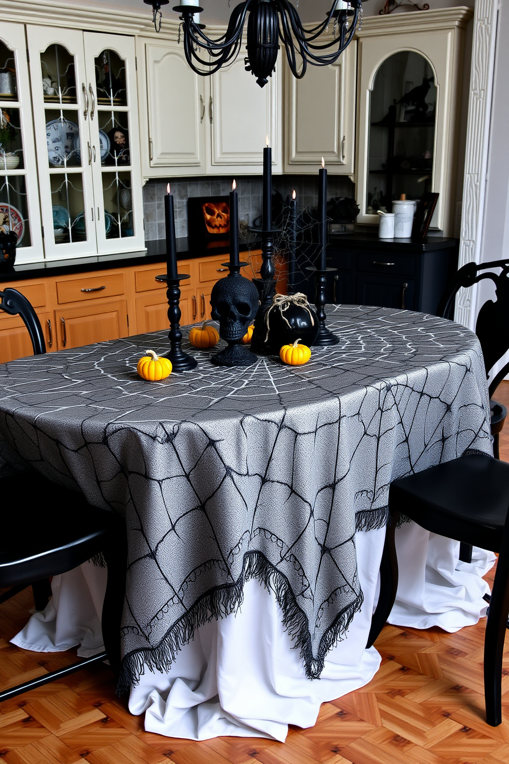 A Halloween kitchen setting featuring a spiderweb tablecloth draped over an elegant dining table. The table is adorned with black candles, small pumpkins, and eerie decorative elements to enhance the spooky atmosphere.