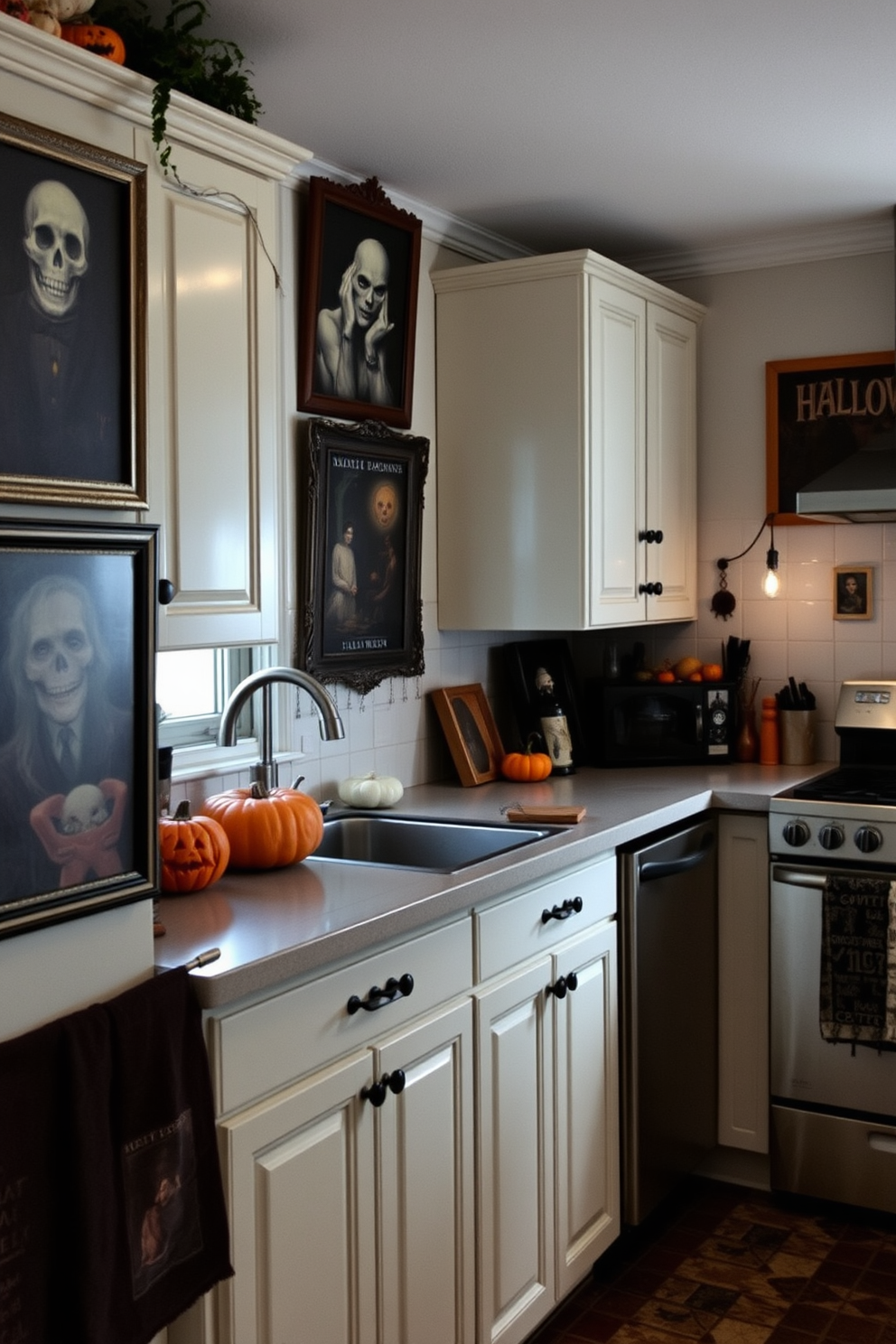 A kitchen adorned with haunting artwork that captures the essence of Halloween. The walls are decorated with eerie paintings and spooky prints, creating a chilling yet inviting atmosphere.