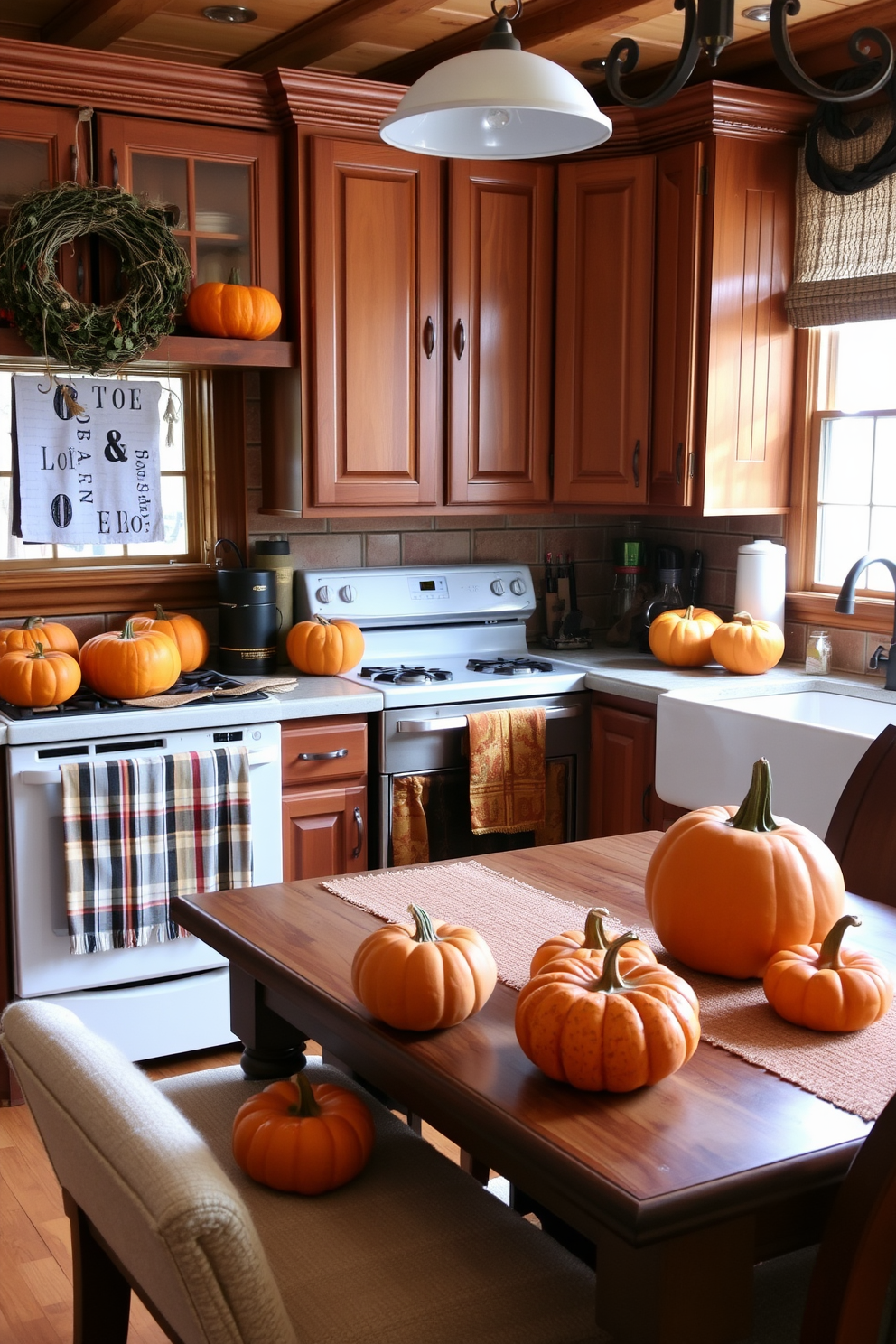 A cozy kitchen adorned for Halloween features terracotta pumpkins of various sizes scattered across the countertops and dining table. The warm earthy tones of the pumpkins complement the rustic wooden cabinets and the inviting atmosphere of the space.