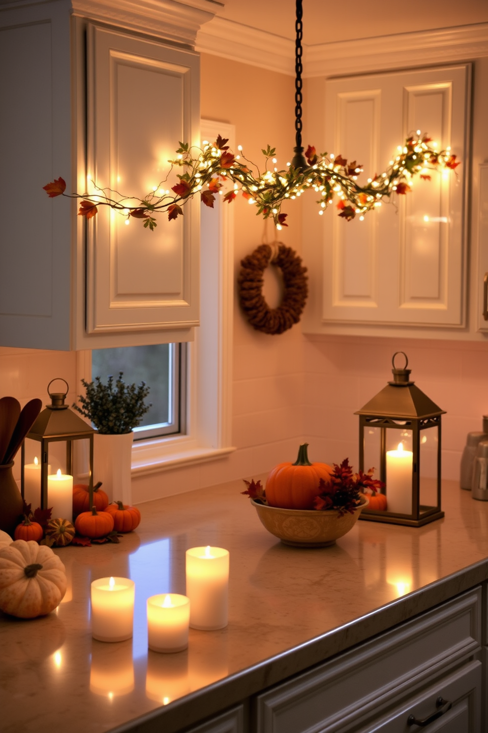 A cozy kitchen adorned with candlelit lanterns creating a warm and inviting glow. The countertops are decorated with festive pumpkins and autumn leaves, while a garland of twinkling fairy lights hangs above the cabinets.