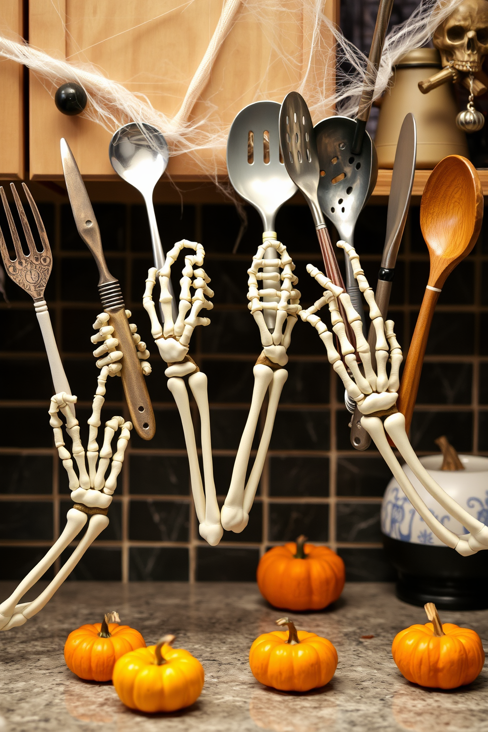 A whimsical Halloween kitchen scene featuring skeleton hands elegantly holding a variety of kitchen utensils. The backdrop includes spooky decorations like cobwebs and small pumpkins scattered across the countertop.