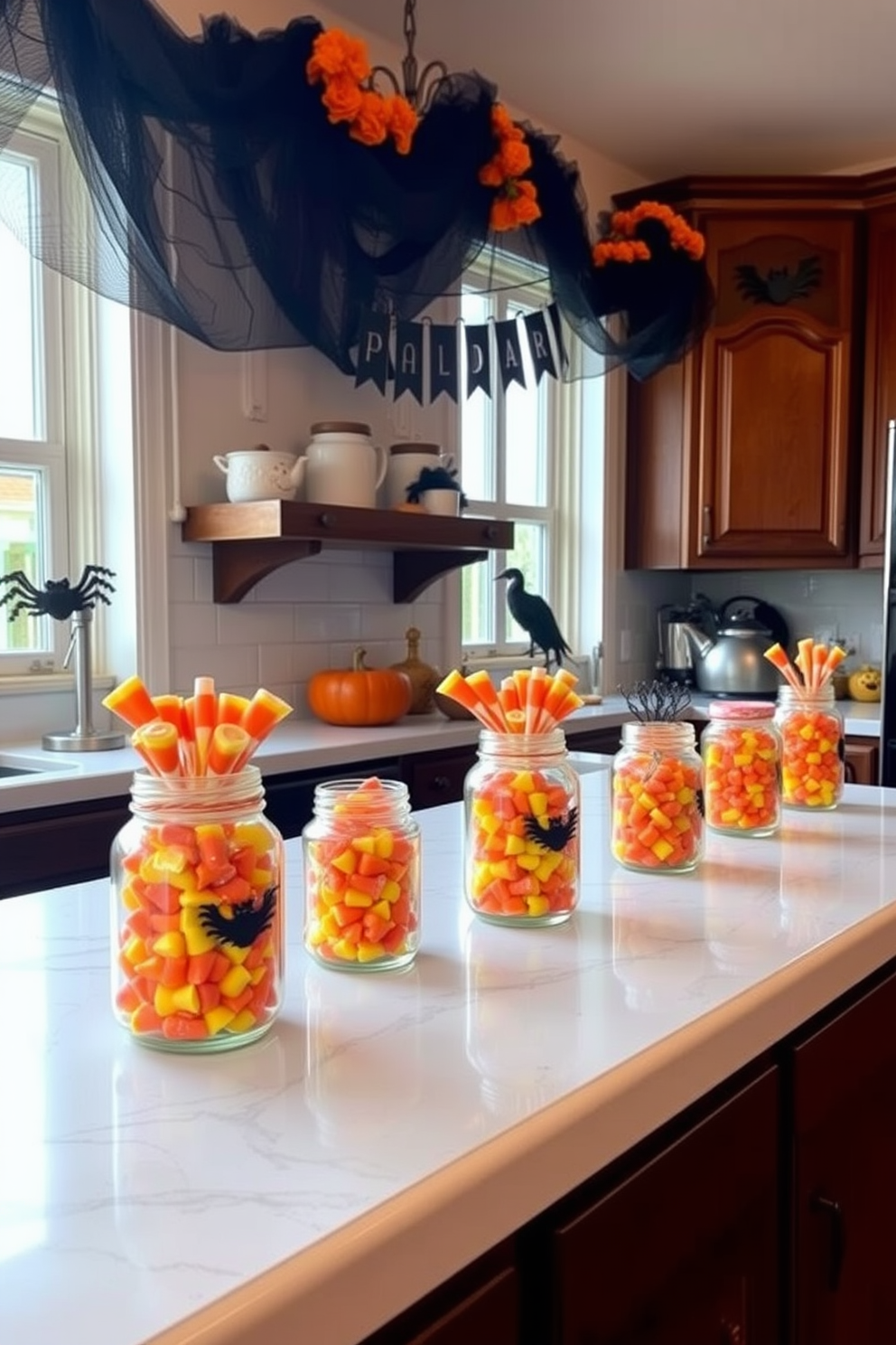 A cozy kitchen setting decorated for Halloween. The countertops are adorned with mason jars filled with vibrant candy corn, creating a festive atmosphere.