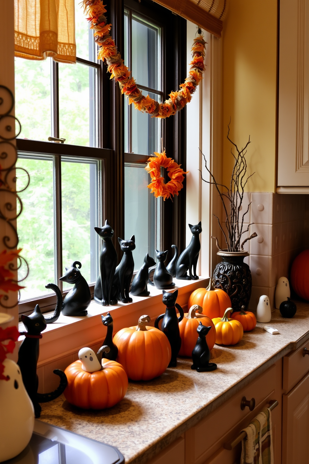 A cozy kitchen filled with Halloween spirit. On the windowsill, several black cat figurines are playfully arranged, adding a whimsical touch to the decor. The kitchen features warm, inviting colors with autumn-themed decorations. Pumpkins and ghost decorations complement the black cat figurines, creating a festive atmosphere.