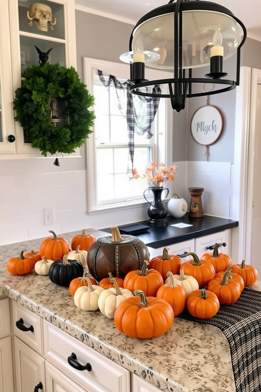 A charming kitchen adorned for Halloween. The countertop is decorated with an array of miniature pumpkins in various sizes and colors, creating a festive atmosphere.