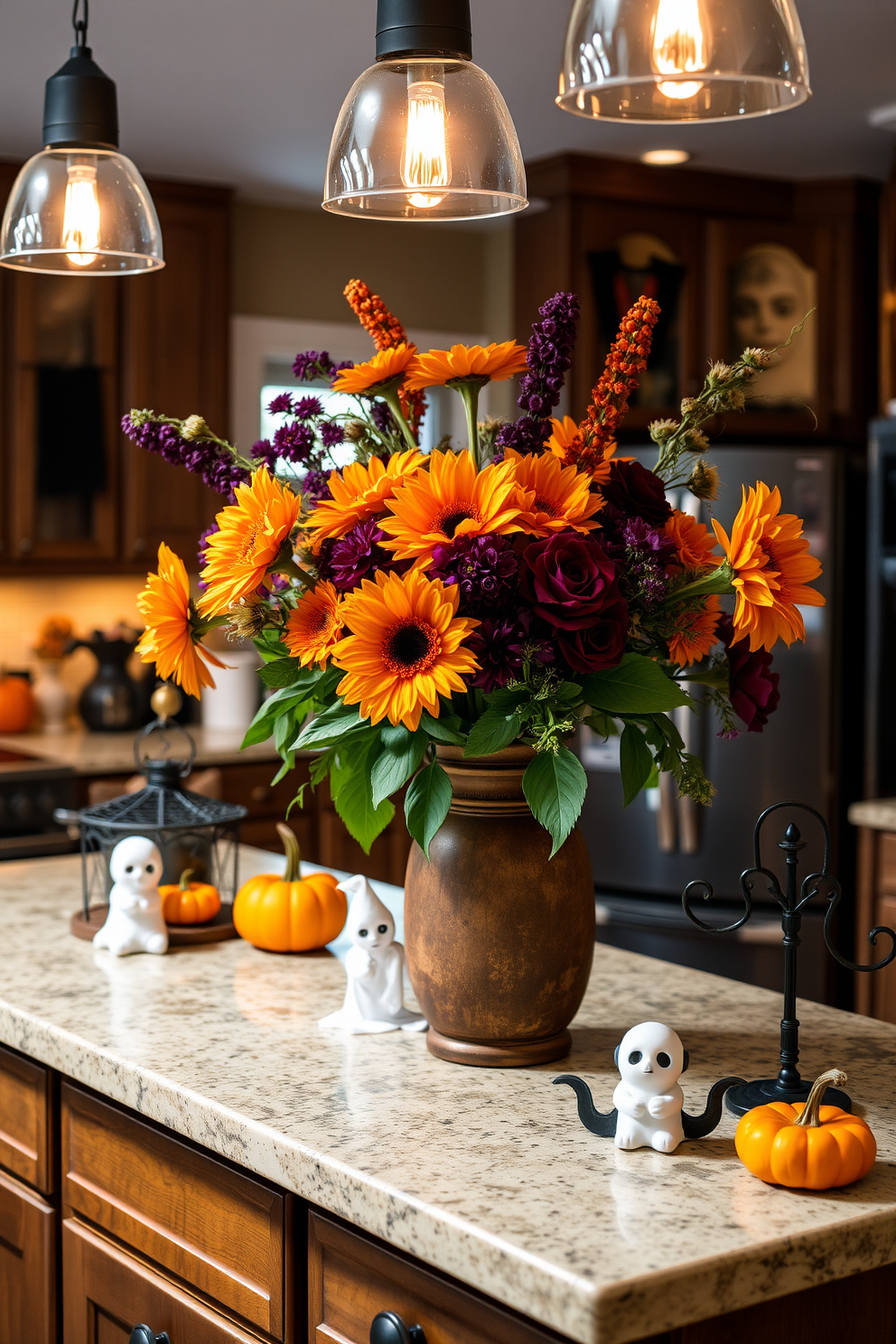 A cozy kitchen adorned with seasonal flowers in Halloween colors. The vibrant orange and deep purple blooms are arranged in a rustic vase on the countertop, creating a festive focal point. Spooky decorations complement the floral arrangement, including small pumpkins and ghostly accents. The kitchen is illuminated by warm lighting, enhancing the inviting atmosphere of the Halloween celebration.