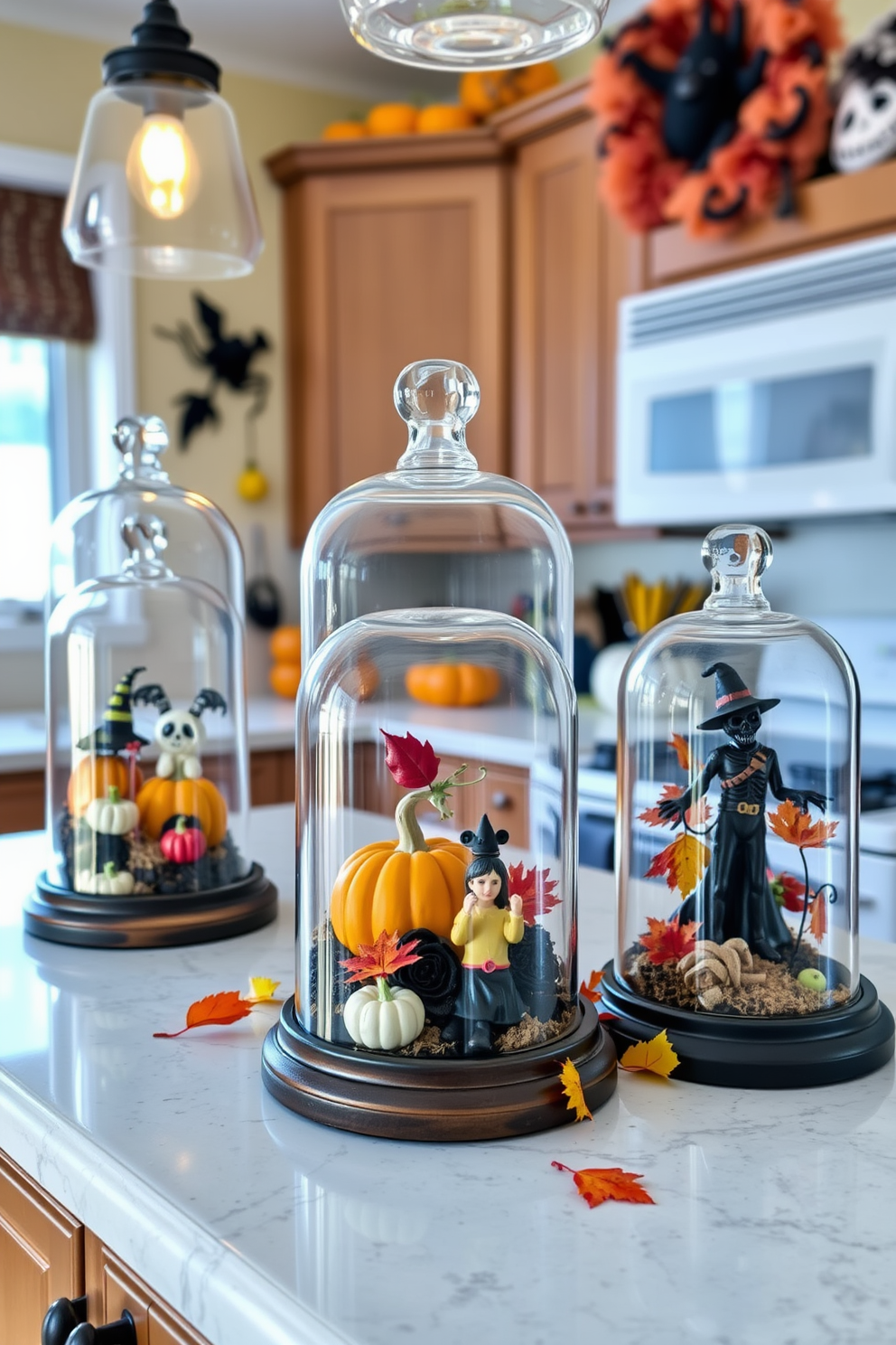 A cozy kitchen adorned for Halloween features glass cloches showcasing themed decor. Each cloche contains unique elements like miniature pumpkins, spooky figurines, and autumn leaves, creating a festive atmosphere.