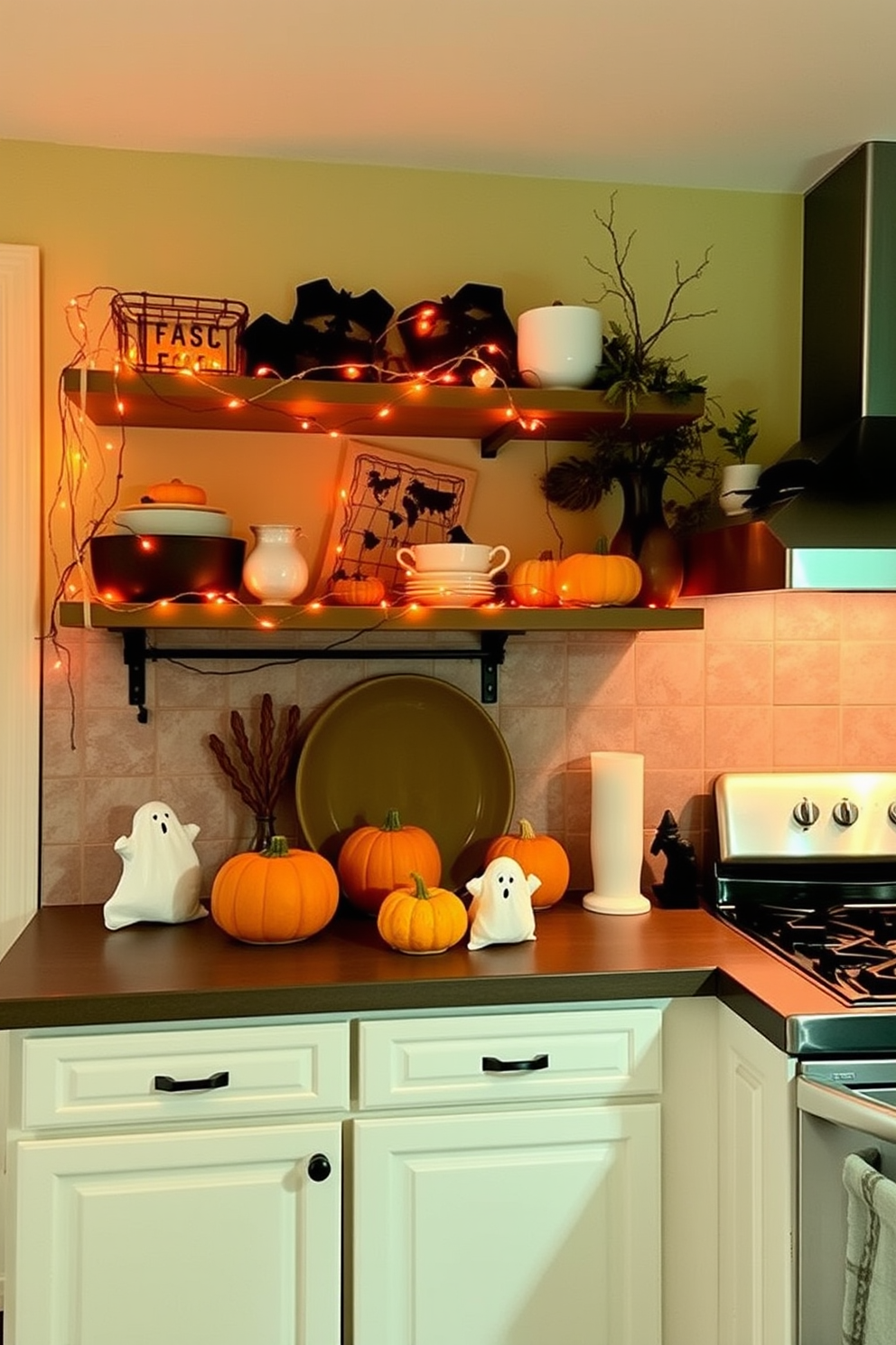 A cozy kitchen adorned for Halloween features shelves lined with orange fairy lights that cast a warm glow. The decor includes playful pumpkins and whimsical ghosts, creating a festive atmosphere perfect for entertaining.