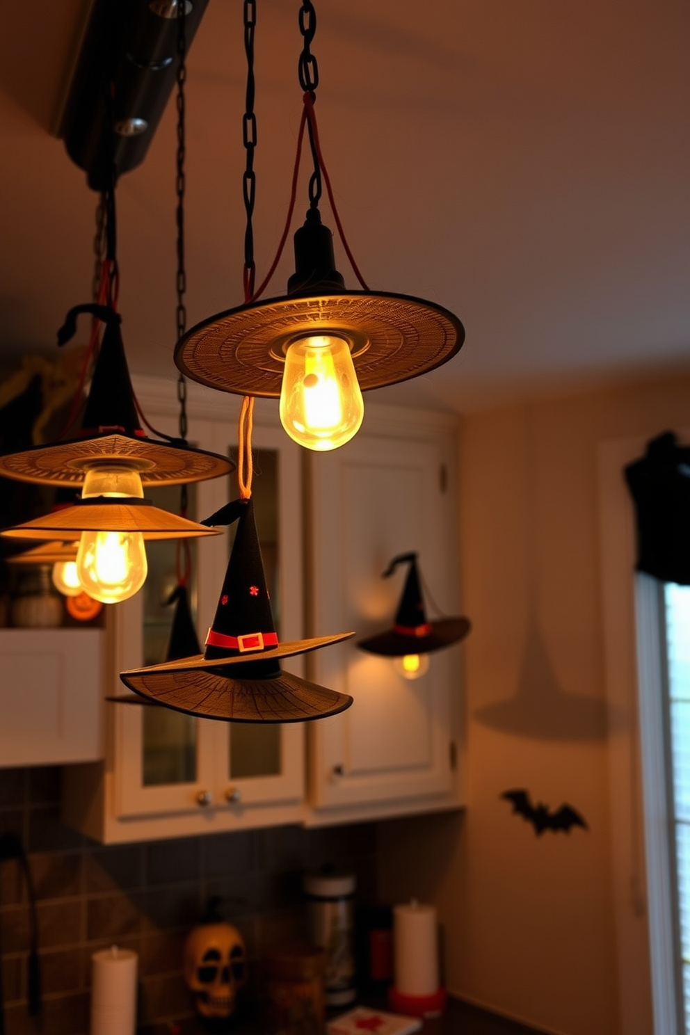 A cozy kitchen adorned for Halloween features light fixtures draped with whimsical witch hats. The warm glow from the lights casts playful shadows on the walls, enhancing the festive atmosphere.