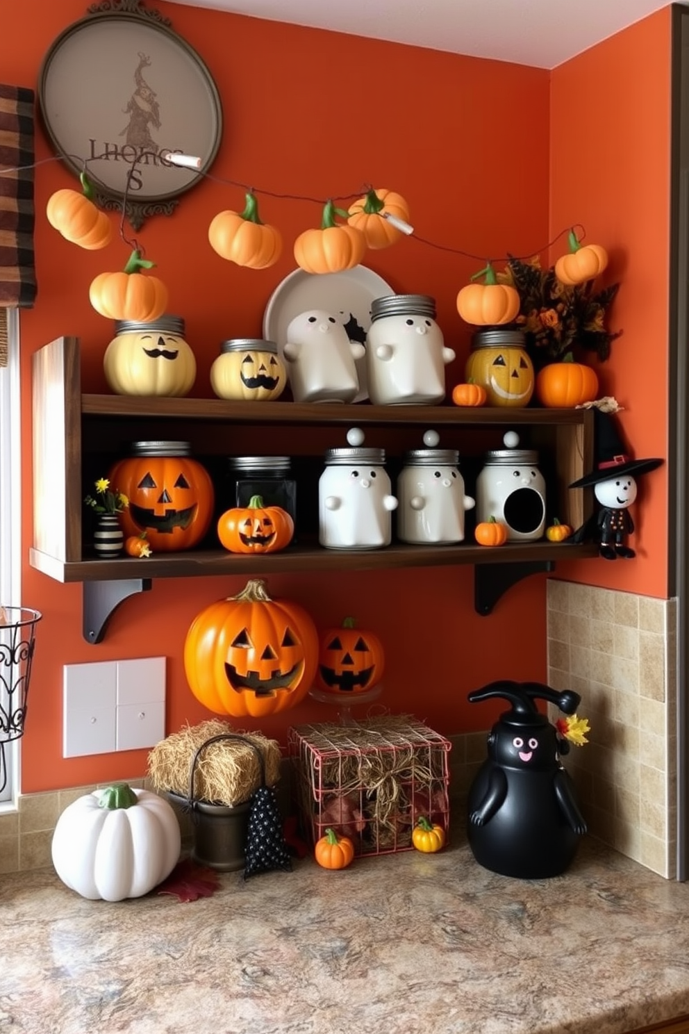 A cozy kitchen adorned with Halloween-themed cookie jars in various shapes like pumpkins, ghosts, and witches. The jars are arranged on a rustic wooden shelf, complemented by autumnal decorations such as mini hay bales and colorful leaves. The walls are painted in a warm orange hue, creating an inviting atmosphere. String lights with small pumpkins hang above the countertop, adding a festive touch to the overall decor.