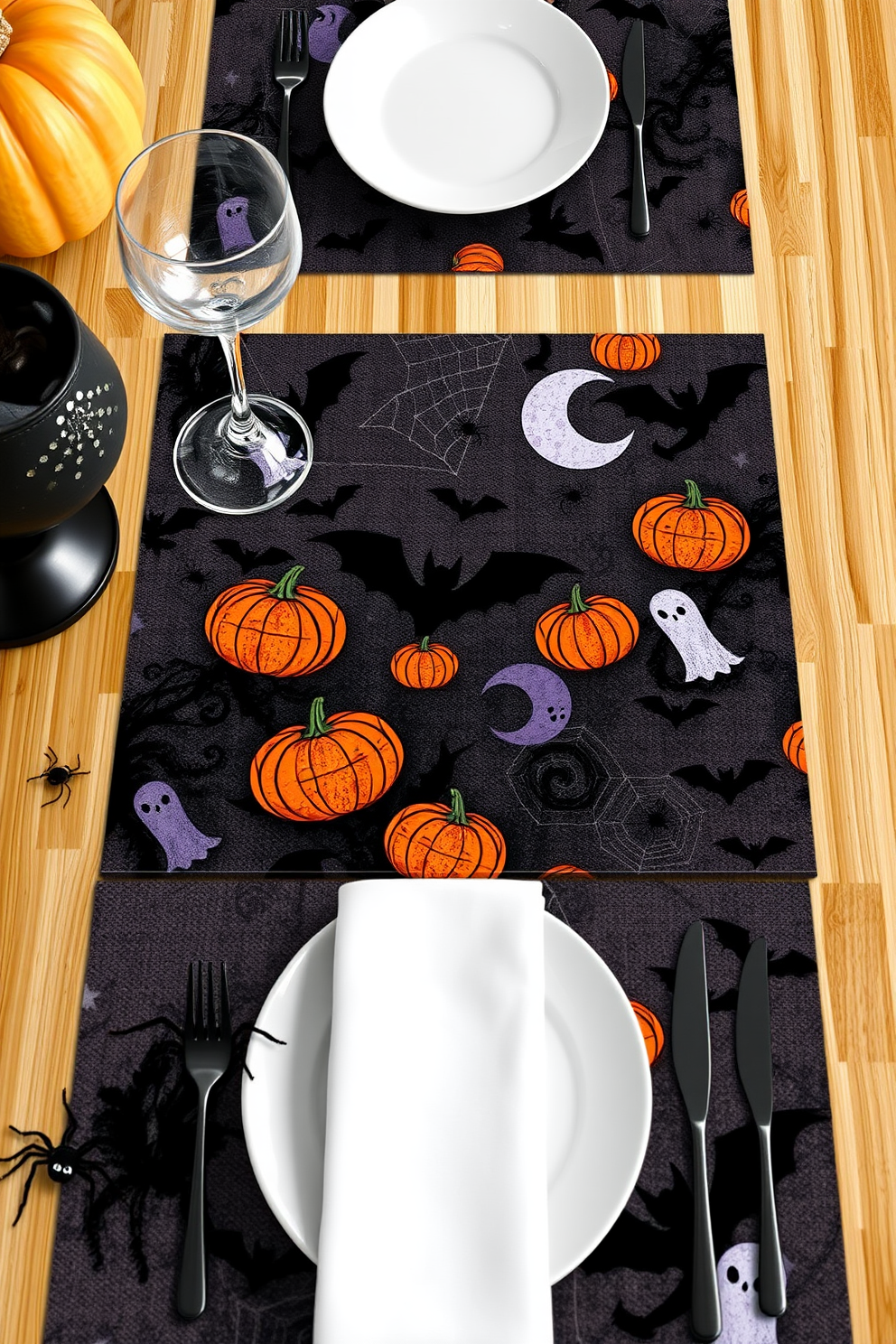 Create a set of spooky placemats for a dining table that captures the essence of Halloween. The placemats should feature intricate designs of bats, pumpkins, and ghosts in a color palette of black, orange, and purple. Incorporate textures that mimic cobwebs and include playful elements like spider silhouettes. The overall look should enhance the festive atmosphere while remaining stylish and suitable for a high-end kitchen decor.