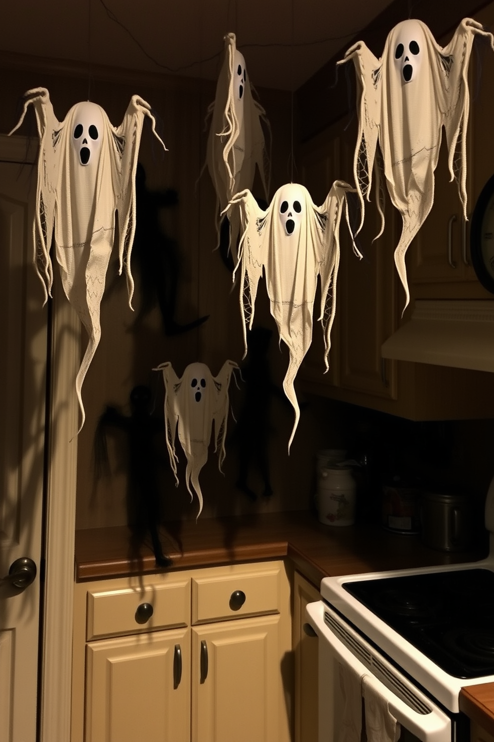 Eerie ghost decorations hang from the corners of the kitchen, creating a spooky atmosphere for Halloween festivities. The walls are adorned with cobwebs and shadowy figures, while dim lighting casts an unsettling glow over the space.