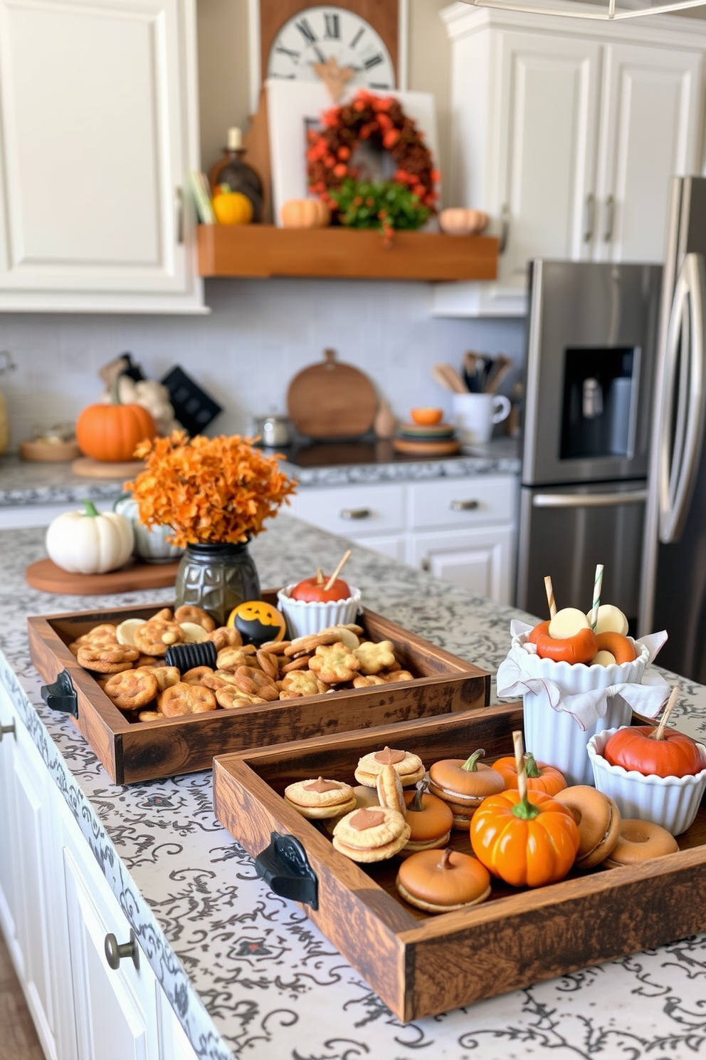 A cozy kitchen adorned with rustic wooden trays filled with seasonal treats. The trays showcase an assortment of Halloween-themed snacks, including pumpkin-shaped cookies and caramel apples, creating a festive atmosphere.