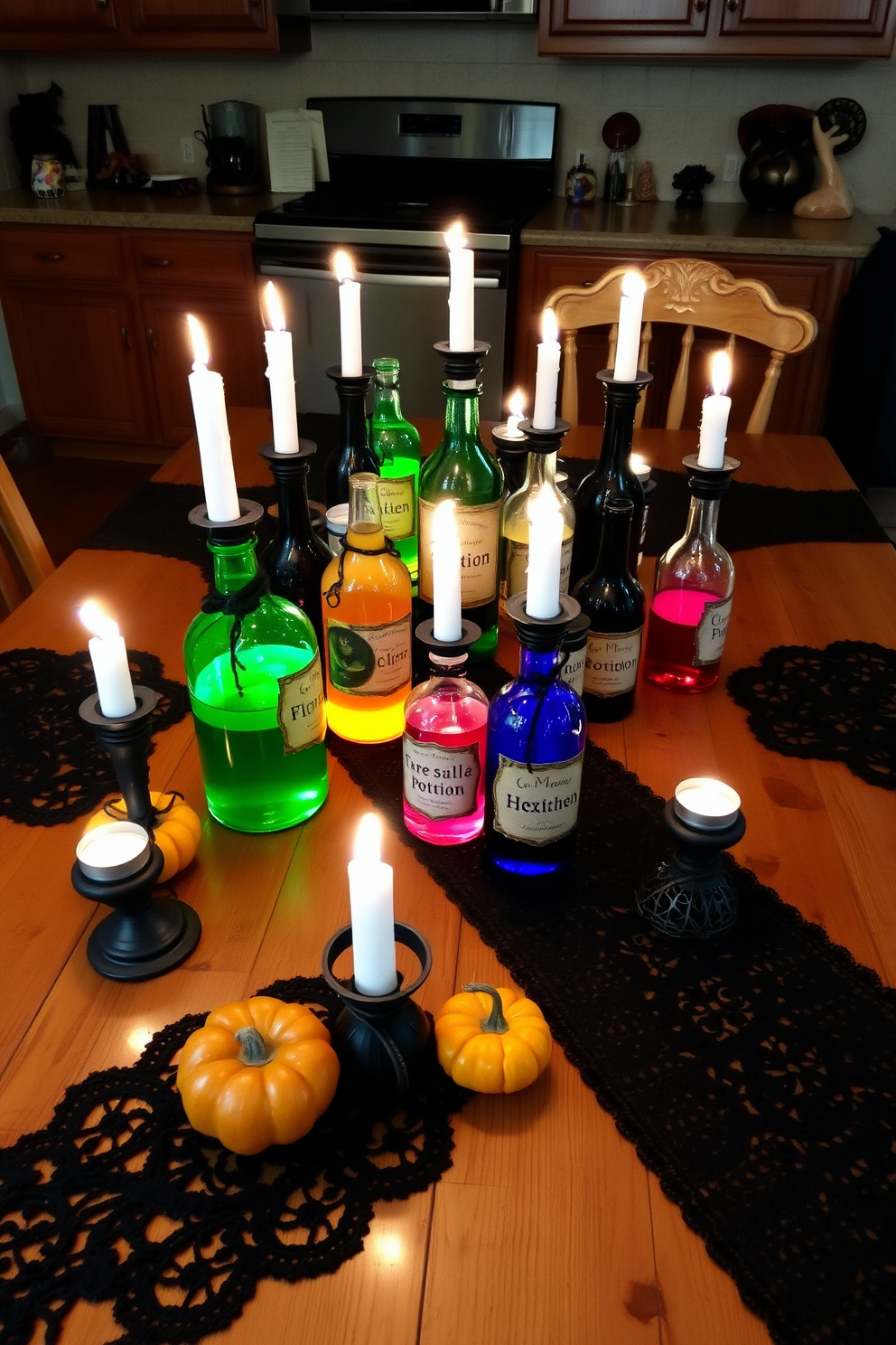 Creepy potion bottles of various shapes and sizes are arranged as centerpieces on a rustic wooden dining table. Each bottle is filled with colorful liquids and adorned with eerie labels, creating a spooky yet enchanting atmosphere for Halloween. Surrounding the potion bottles are flickering candle holders with dark, twisted designs, casting shadows that dance across the table. Black lace table runners and miniature pumpkins complete the decor, enhancing the festive vibe of the kitchen.