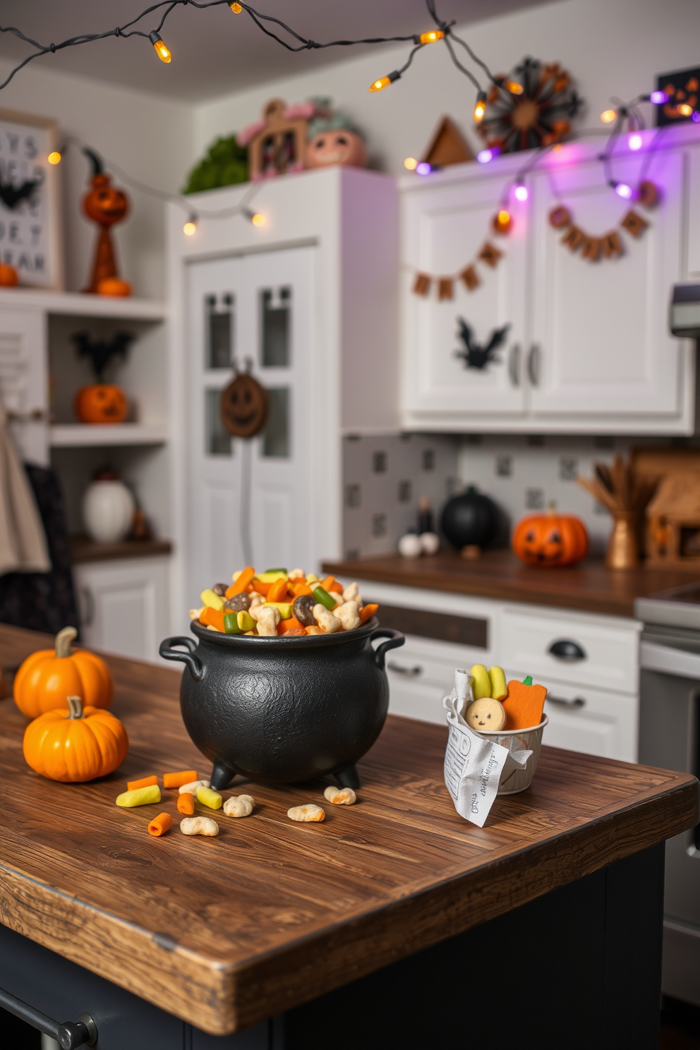 A whimsical kitchen setting for Halloween. A decorative cauldron filled with an assortment of colorful snacks sits on a rustic wooden countertop. The kitchen is adorned with playful Halloween-themed decorations. Strings of orange and purple lights hang above, creating a festive atmosphere.