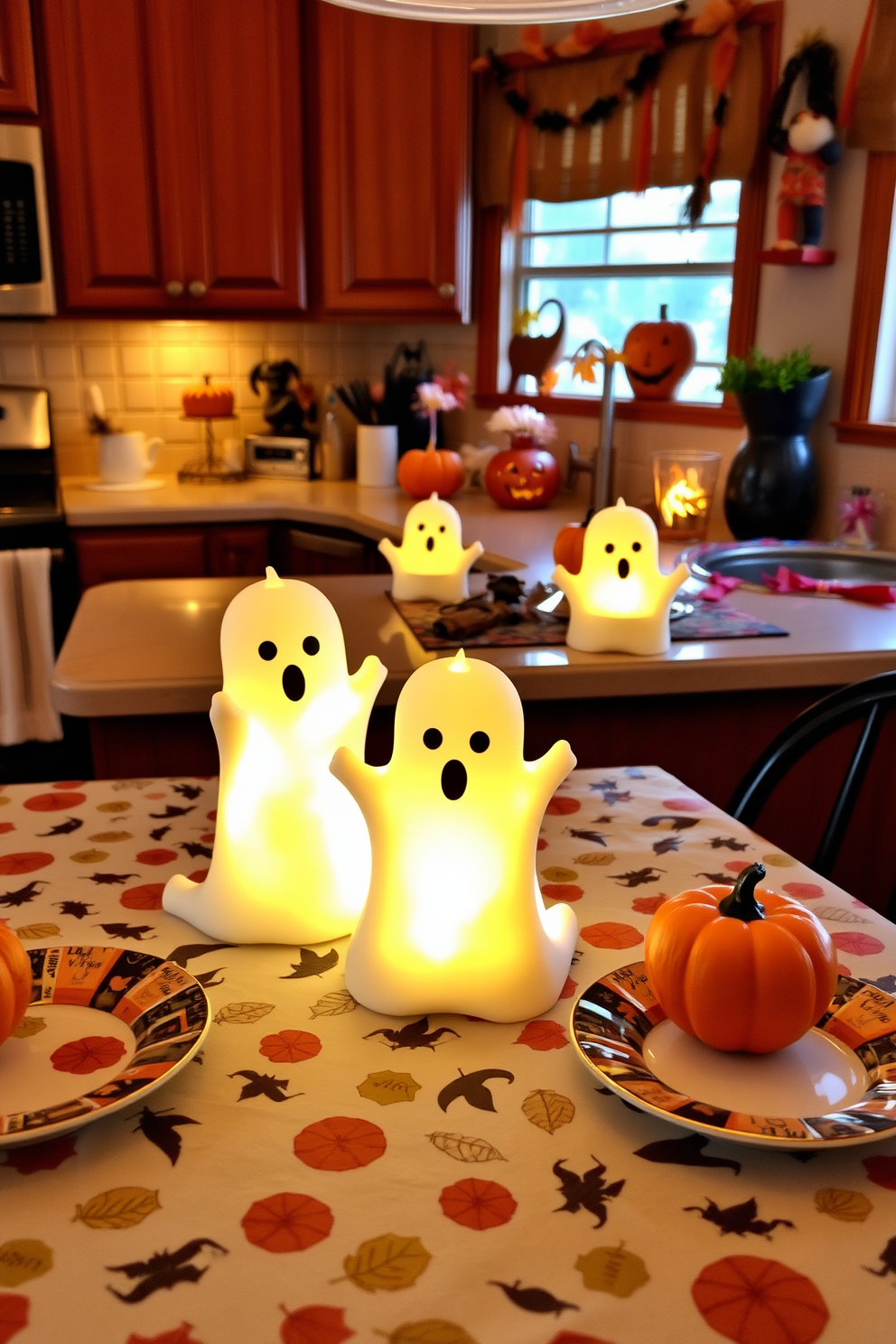 Create a cozy Halloween kitchen setting featuring ghost tea light holders that cast a warm and inviting glow. The countertops are adorned with autumn-themed decorations, and a playful tablecloth adds a festive touch to the dining area.