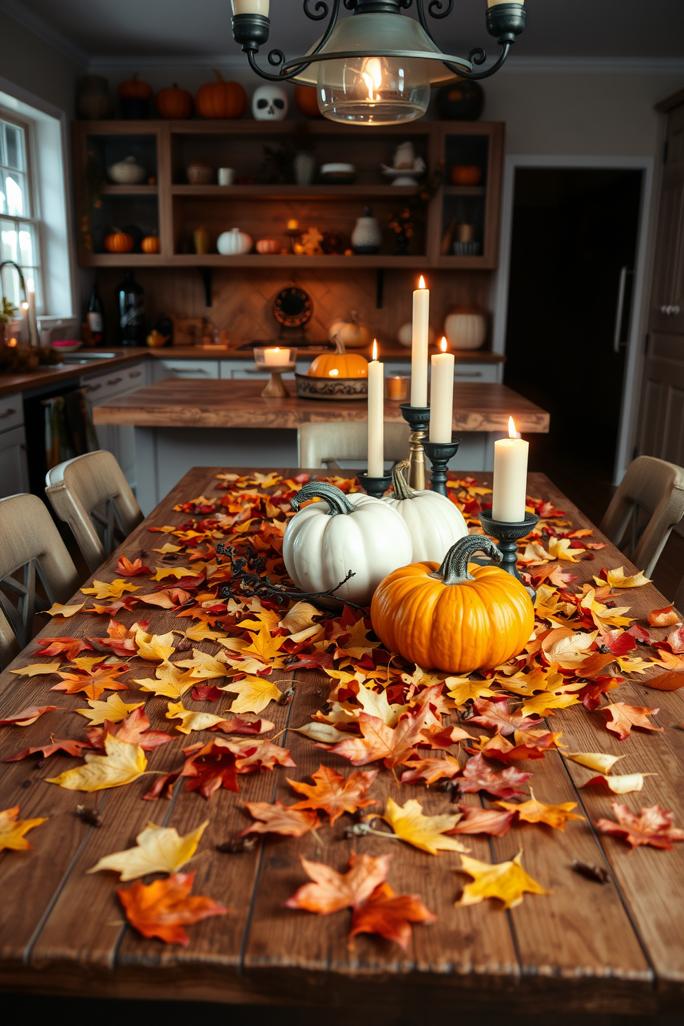 A cozy kitchen adorned with autumn leaves scattered across a rustic wooden table. The table features a centerpiece of pumpkins and candles, creating a warm and inviting atmosphere for Halloween festivities.