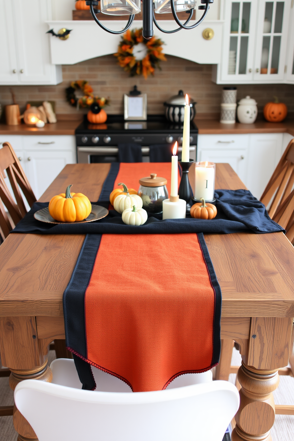 A stylish kitchen setting featuring a black and orange table runner elegantly draped across a rustic wooden dining table. The table is adorned with seasonal decorations including small pumpkins and flickering candle holders that create a cozy Halloween atmosphere.