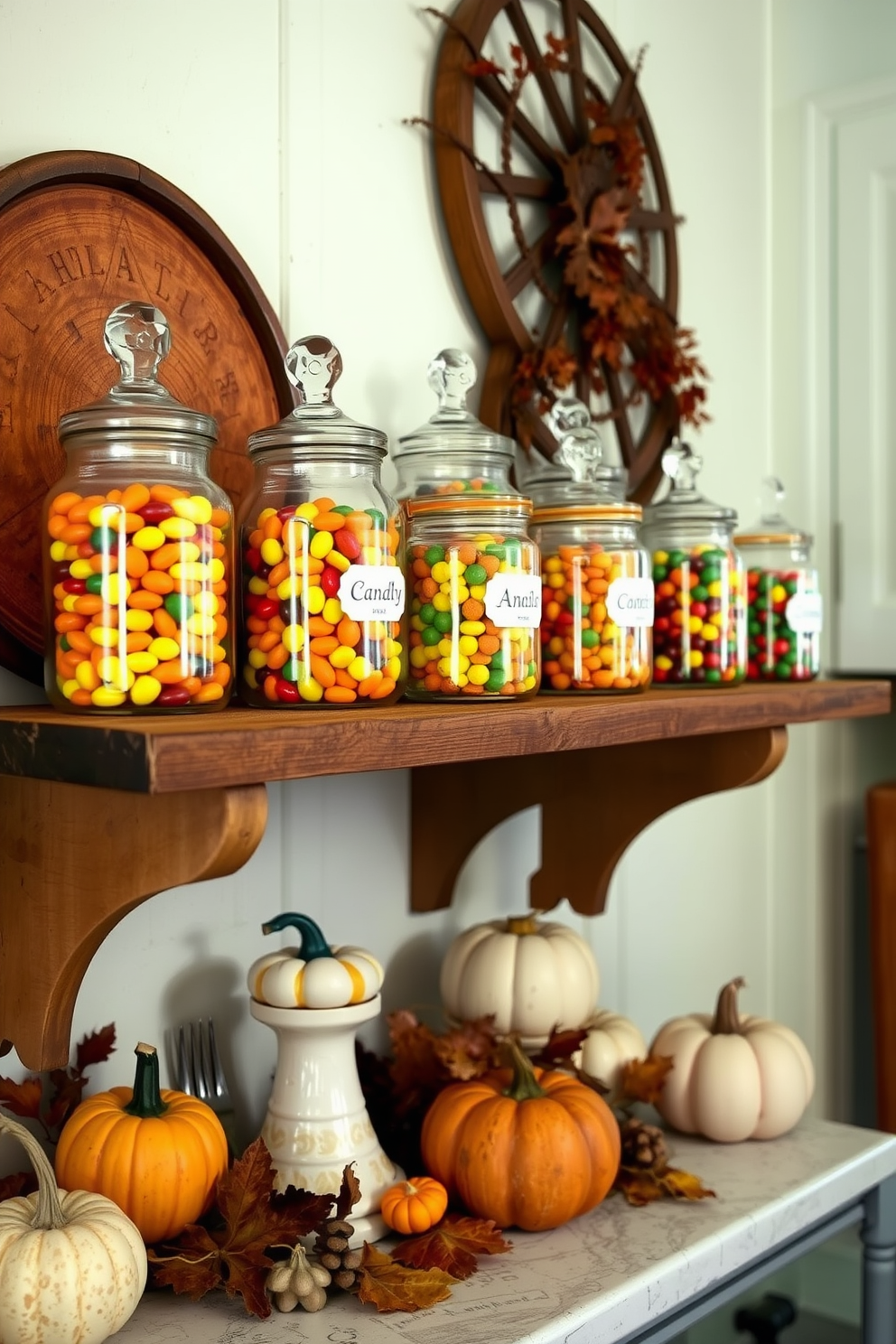 A charming kitchen adorned with vintage apothecary jars filled with colorful candy. The jars are arranged on a rustic wooden shelf, surrounded by autumn-themed decorations like small pumpkins and dried leaves.