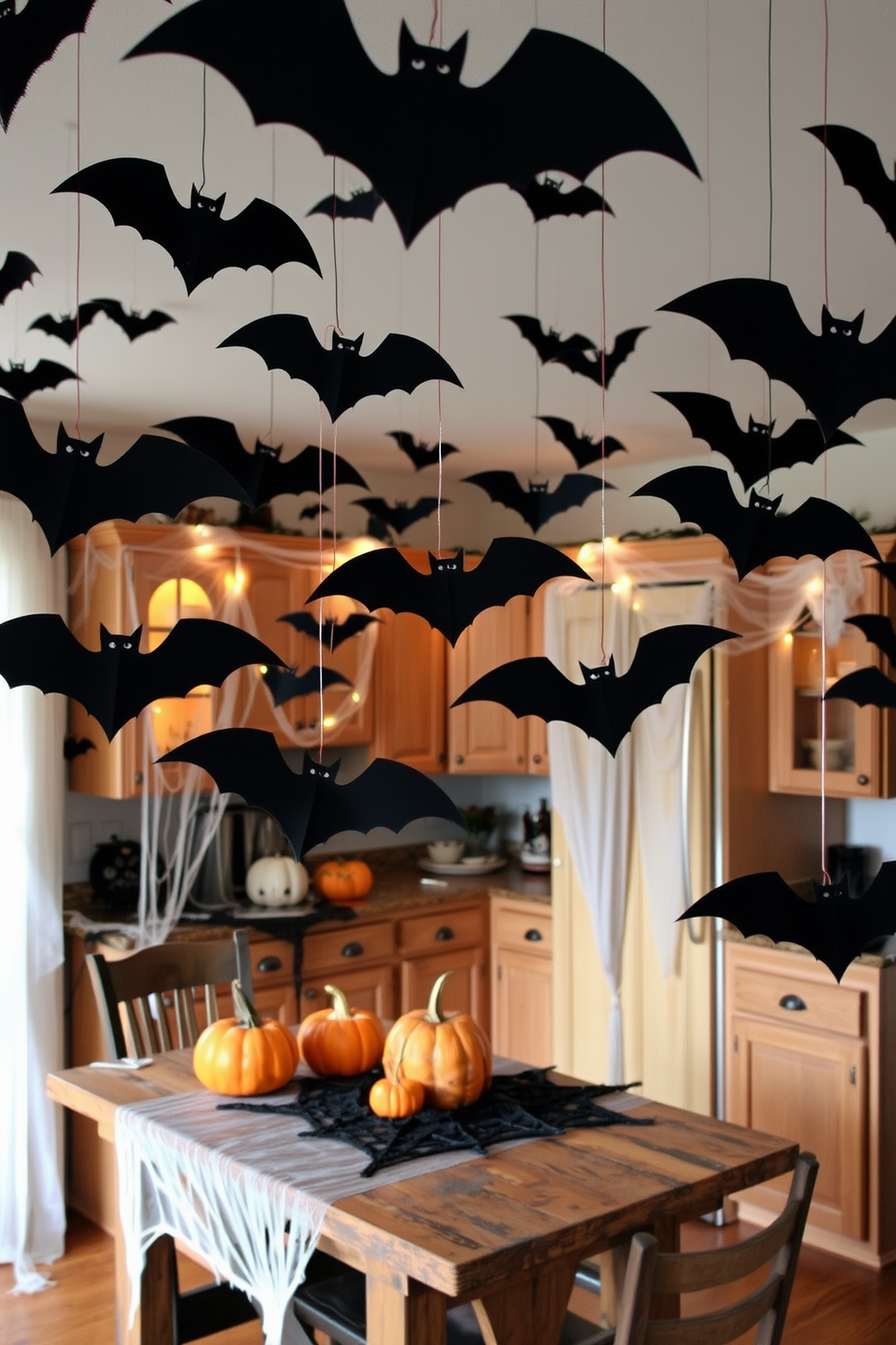 Create a whimsical Halloween kitchen with hanging bats from the ceiling. The bats are crafted from black paper and vary in size, creating an enchanting atmosphere throughout the space. The kitchen features a rustic wooden table adorned with a spooky tablecloth and orange pumpkins. Cobwebs are draped over the cabinets, and ghostly lights illuminate the room, enhancing the festive spirit.