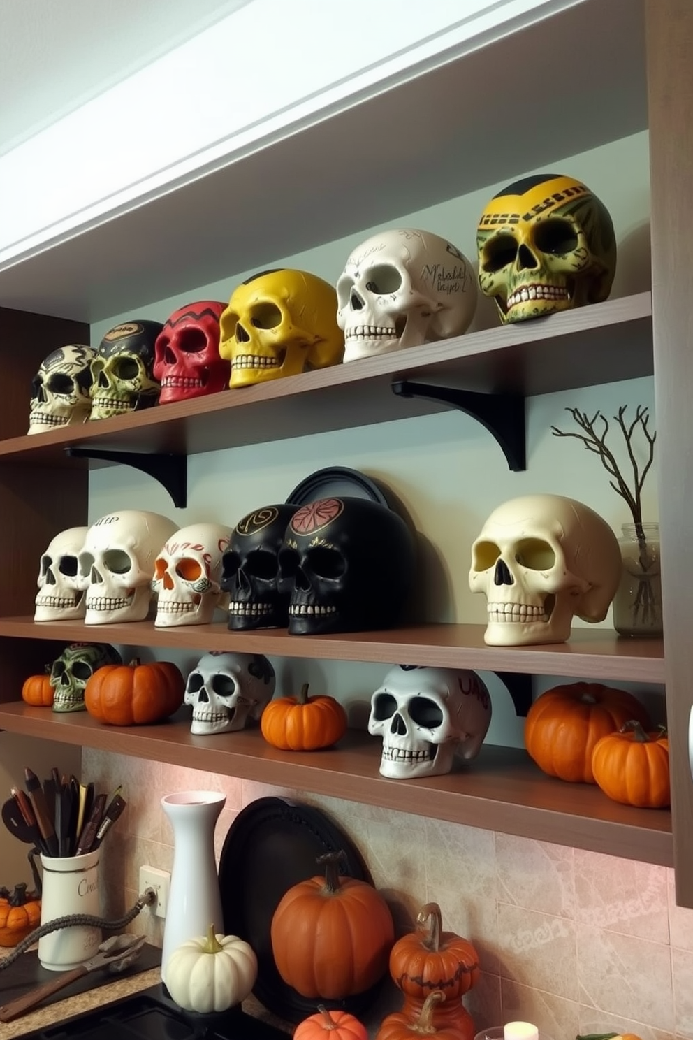 Decorative skulls are artfully arranged on open shelves, adding a playful yet spooky touch to the kitchen decor. The shelves are adorned with various sized skulls, some painted in vibrant colors, while others feature intricate designs, creating an eye-catching display. Incorporating seasonal elements, the kitchen is further enhanced with autumn-themed accents like pumpkins and gourds. Soft lighting highlights the shelves, creating a warm and inviting atmosphere perfect for Halloween festivities.