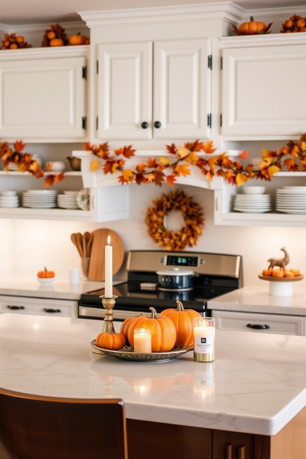 A cozy kitchen adorned with pumpkin spice scented candles, creating a warm and inviting atmosphere. The countertops are decorated with autumn-themed dishware and small pumpkins, while a garland of fall leaves hangs above the cabinets.