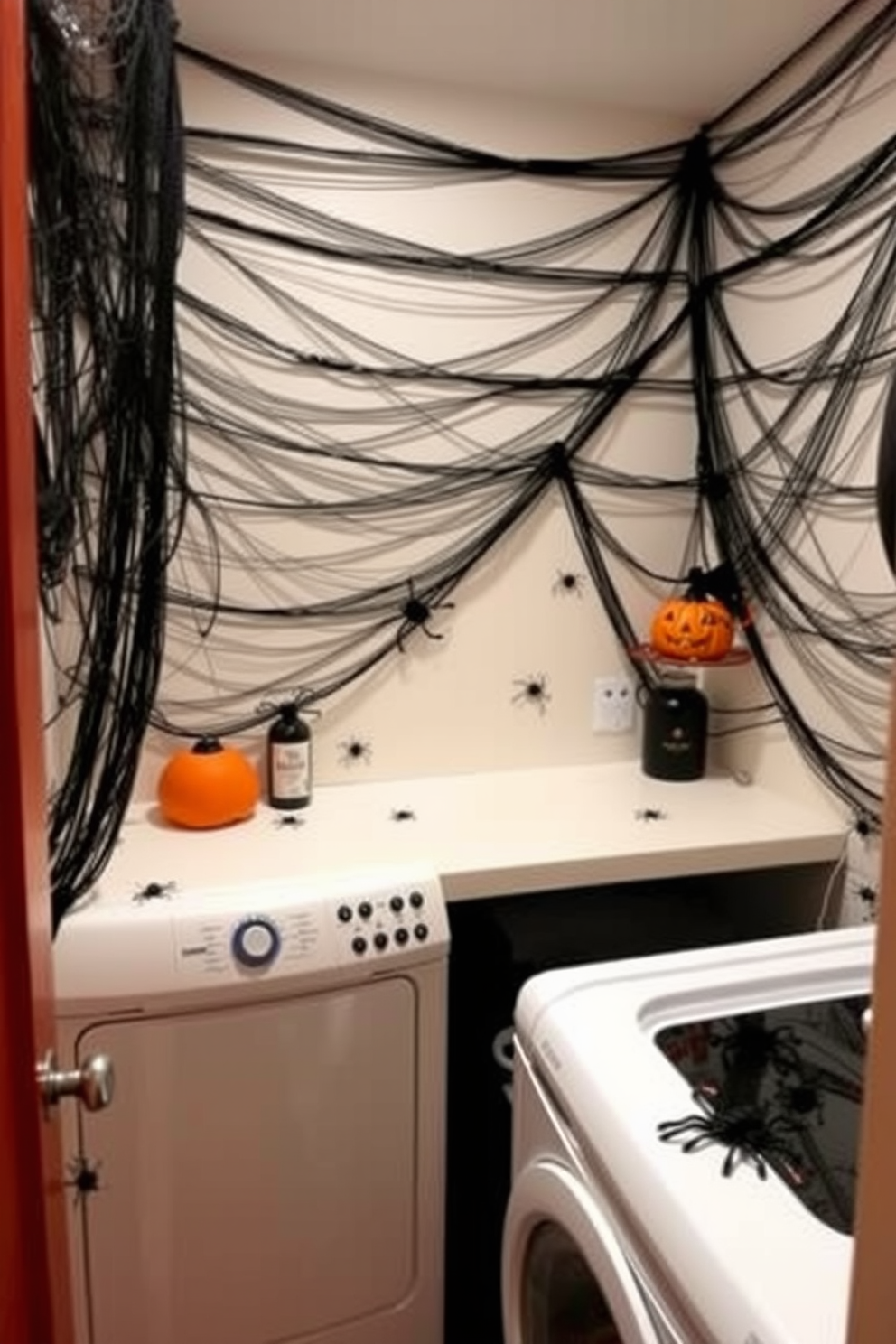 A Halloween-themed laundry room features spooky spider web wall decor draped across the walls creating an eerie atmosphere. The room is accented with small decorative spiders and a haunting color palette of black and orange for a festive touch.