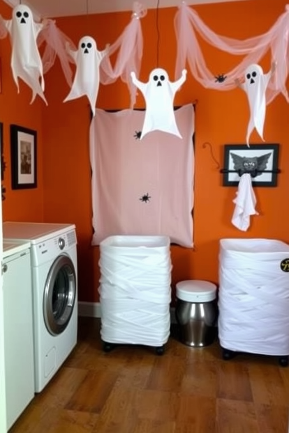 A Halloween-themed laundry room features mummy-wrapped laundry bins that add a spooky touch to the space. The walls are painted in a deep orange hue, and ghostly decorations hang from the ceiling, creating a festive atmosphere.