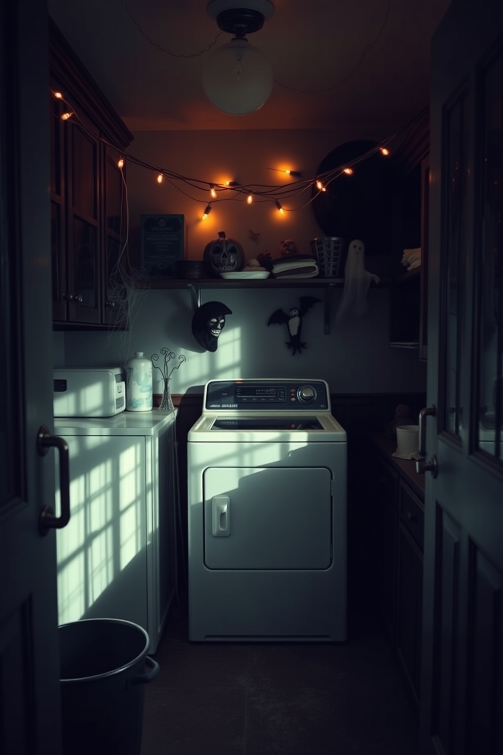 Eerie lighting fills the laundry room, with string lights casting soft shadows across the walls. The space features a vintage washing machine and dryer, surrounded by dark wood cabinets and spooky Halloween decorations like cobwebs and ghostly figures.