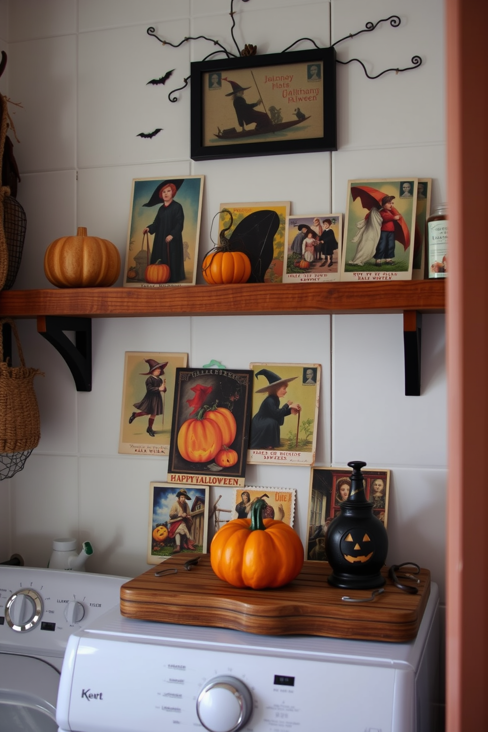 A cozy laundry room decorated for Halloween features vintage postcards showcasing classic Halloween imagery such as witches, pumpkins, and ghosts. The postcards are artfully arranged on a rustic wooden shelf, adding a nostalgic touch to the space.