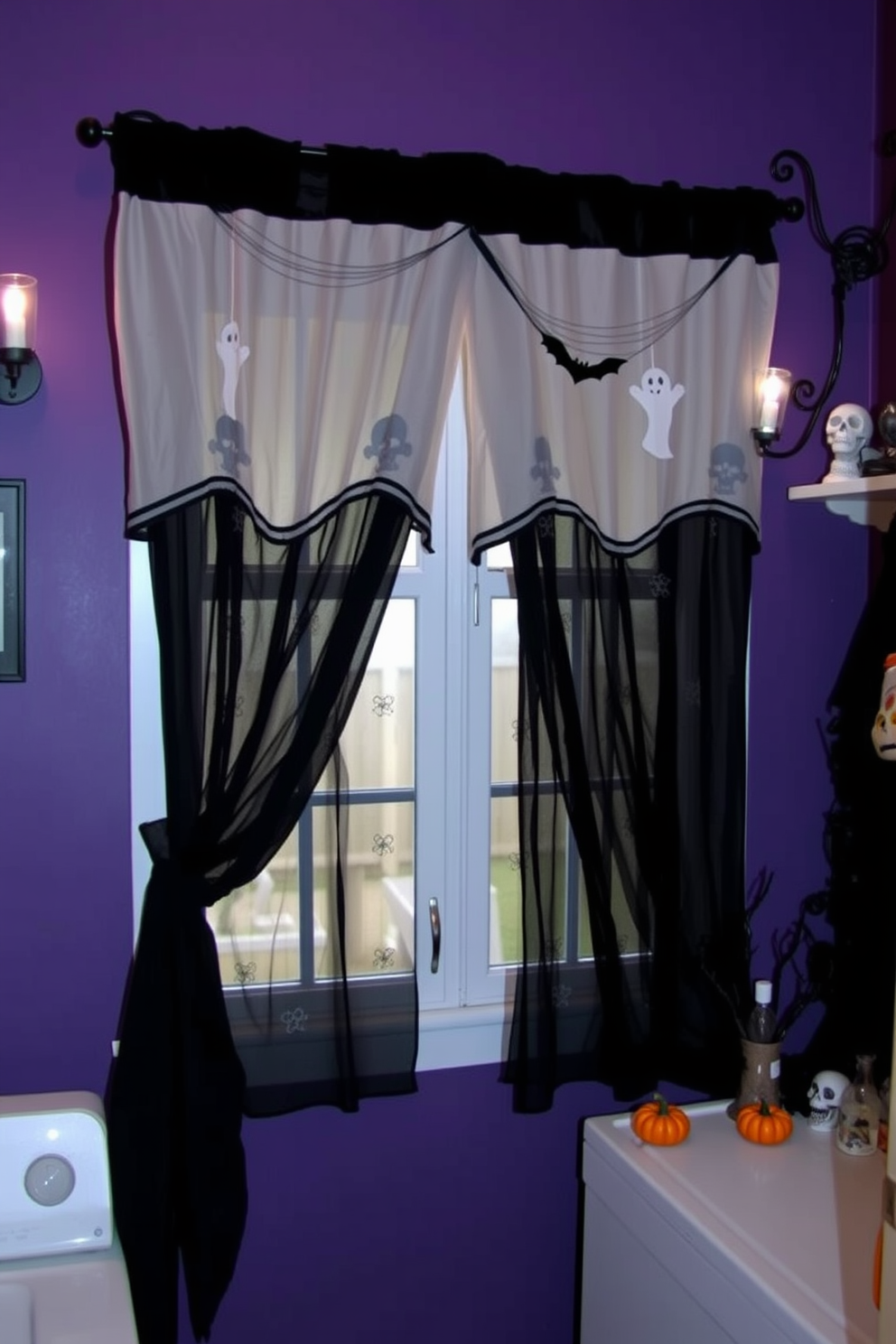 A spooky laundry room featuring window treatments adorned with ghostly motifs and dark, flowing fabrics. The walls are painted in a deep purple hue, complemented by cobweb decorations and eerie lighting fixtures. The window treatments hang gracefully, showcasing sheer panels with subtle skull patterns. A collection of Halloween-themed decor, including small pumpkins and bats, adds a festive touch to the space.