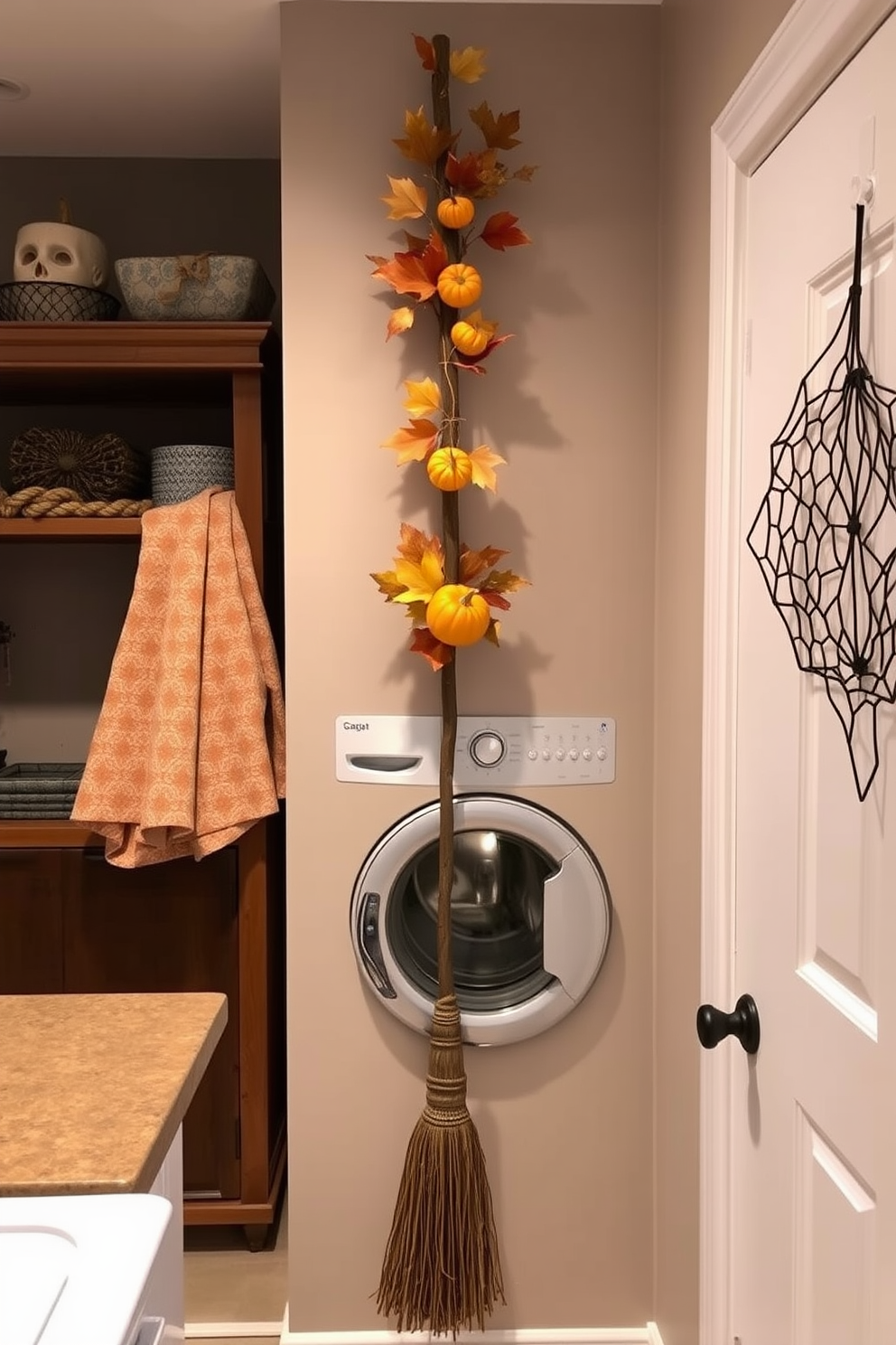 A charming laundry room adorned with a decorative broomstick mounted on the wall. The broomstick is embellished with autumn leaves and small pumpkins, creating a festive Halloween atmosphere.