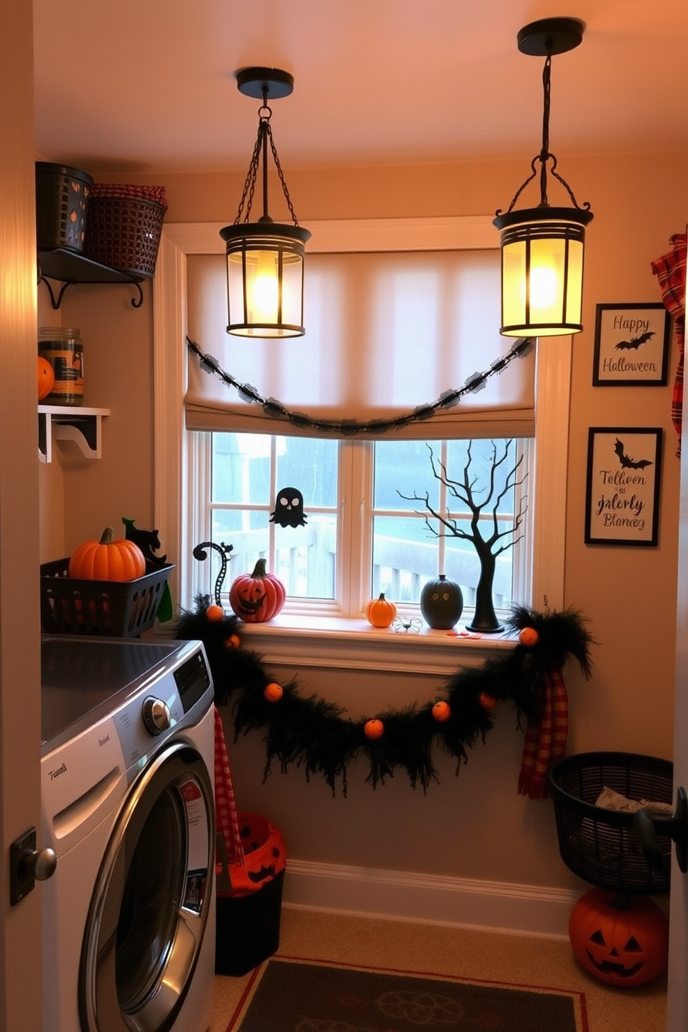 A cozy laundry room decorated for Halloween features hanging lanterns that cast a warm glow. The walls are adorned with playful Halloween-themed art, and a festive garland drapes across the window.