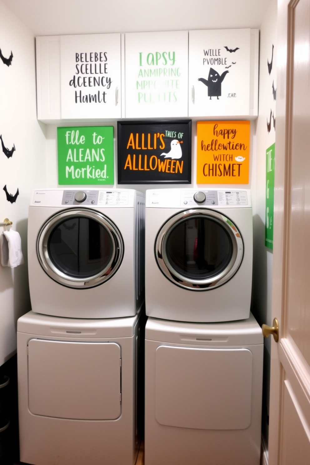 A playful laundry room decorated for Halloween. The walls feature fun Halloween quotes in bright colors, complemented by whimsical artwork of pumpkins and ghosts.