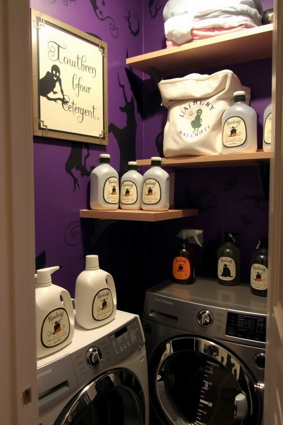 A whimsical laundry room designed for Halloween featuring ghoulish laundry detergent labels. The walls are painted in a deep purple hue with spooky silhouettes, and shelves are adorned with creatively labeled bottles depicting ghosts and goblins.