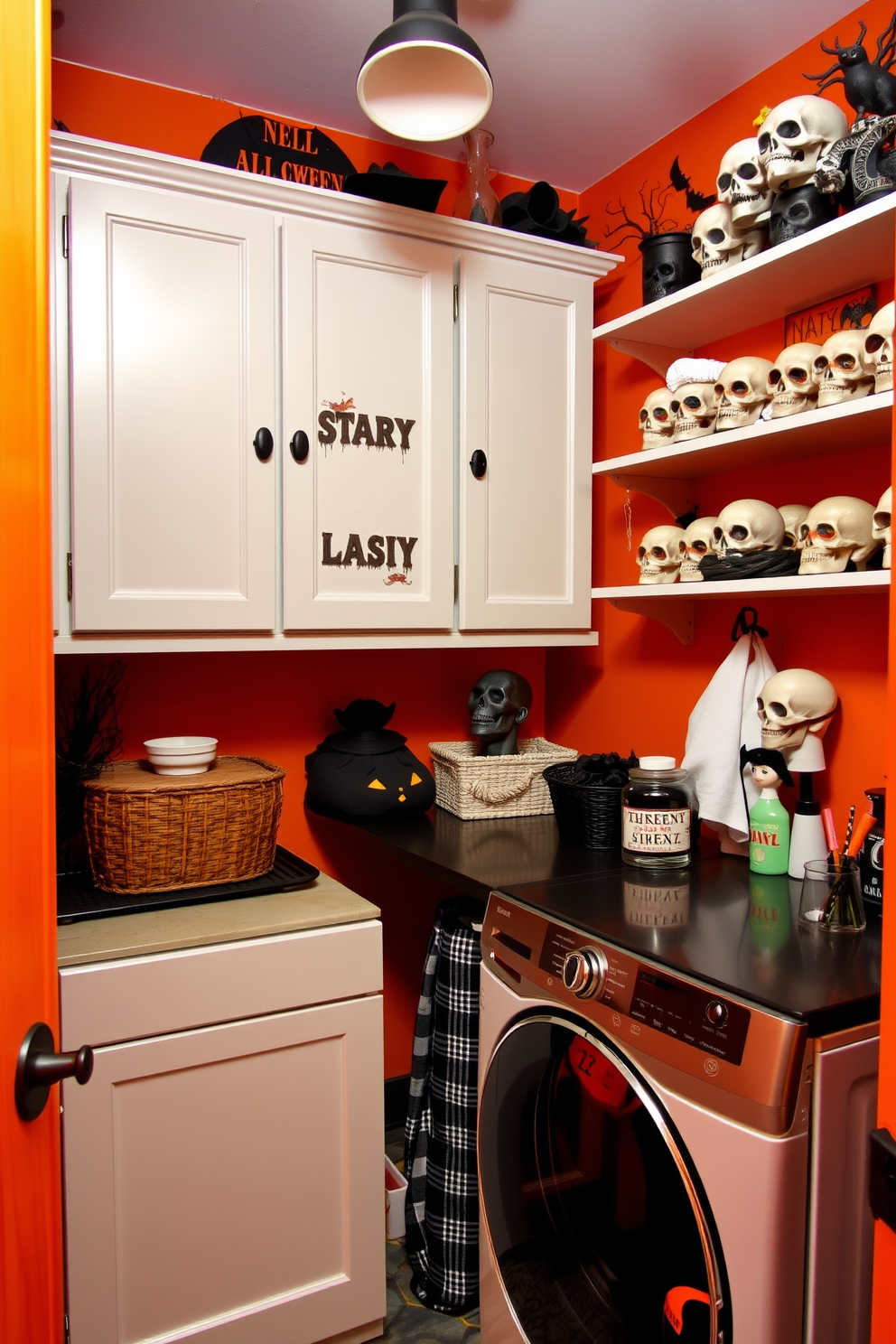 A whimsical laundry room filled with decorative skulls artfully arranged on open shelves. The walls are painted in a deep orange hue, and the space features playful Halloween-themed accents throughout.