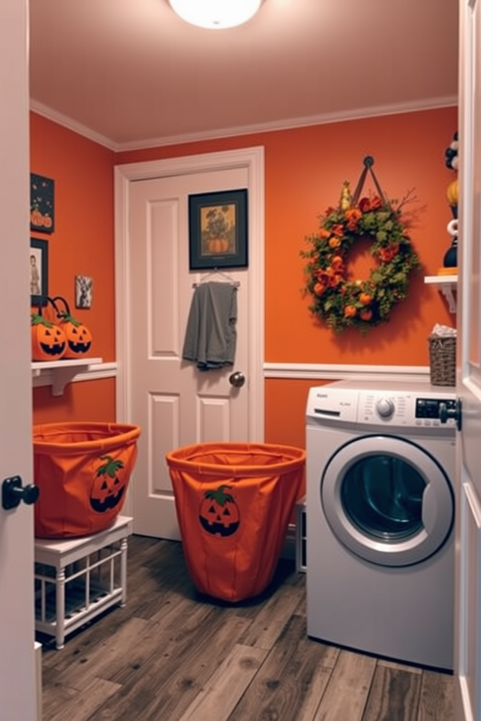 A cozy laundry room adorned with pumpkin-themed laundry baskets that add a festive touch. The walls are painted in a warm orange hue, and the floor is covered with rustic wooden planks, creating an inviting atmosphere. Decorative elements include Halloween-themed wall art and a seasonal wreath hanging on the door. Soft lighting illuminates the space, enhancing the playful spirit of the room while maintaining functionality.