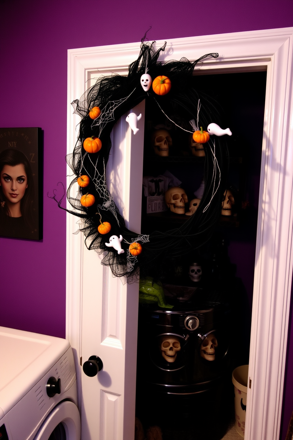 A spooky laundry room setting features a door adorned with a Halloween wreath made of black and orange elements. The wreath includes miniature pumpkins, eerie cobwebs, and ghostly figures, creating a festive yet haunting atmosphere. Inside the laundry room, the walls are painted in a deep purple hue, complementing the Halloween theme. A decorative shelf displays laundry essentials alongside spooky decorations like skulls and bats, enhancing the overall eerie vibe.