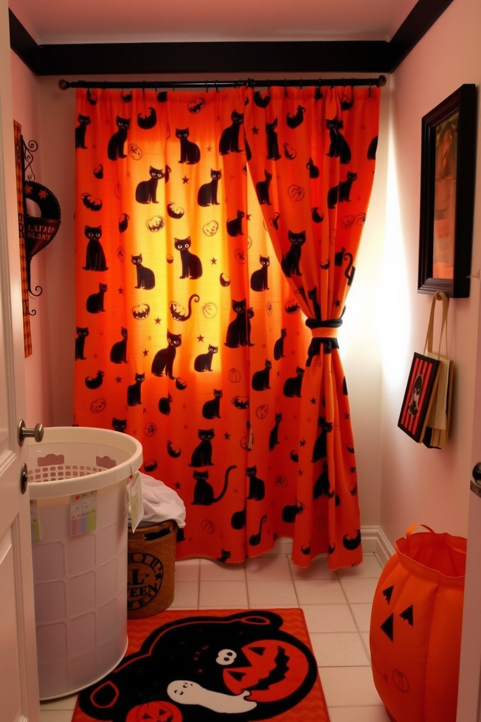 A cozy laundry room decorated for Halloween features curtains made from vibrant orange fabric adorned with playful black cats and pumpkins. The room is accented with matching accessories, including a decorative laundry basket and spooky wall art to enhance the festive atmosphere. The space is illuminated by warm lighting, creating an inviting ambiance perfect for seasonal laundry tasks. A touch of whimsy is added with ghost-shaped laundry labels and a cheerful Halloween-themed rug on the floor.