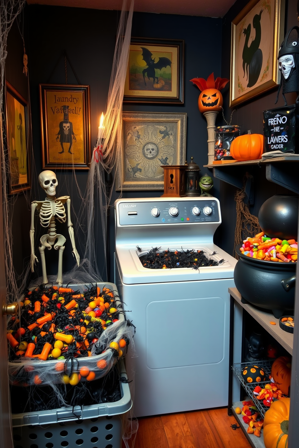 A spooky laundry room filled with Halloween decorations. There are laundry baskets overflowing with creepy crawlies like spiders and bugs, surrounded by cobwebs and eerie lighting. The walls are painted in dark shades with Halloween-themed artwork hanging. A skeleton figure leans against the washer, and a cauldron filled with faux candy sits on a shelf.