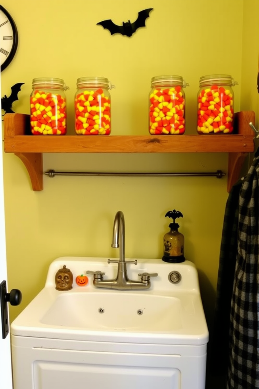 A whimsical laundry room designed for Halloween. The space features mason jars filled with vibrant candy corn, arranged on a rustic wooden shelf above a vintage farmhouse sink.