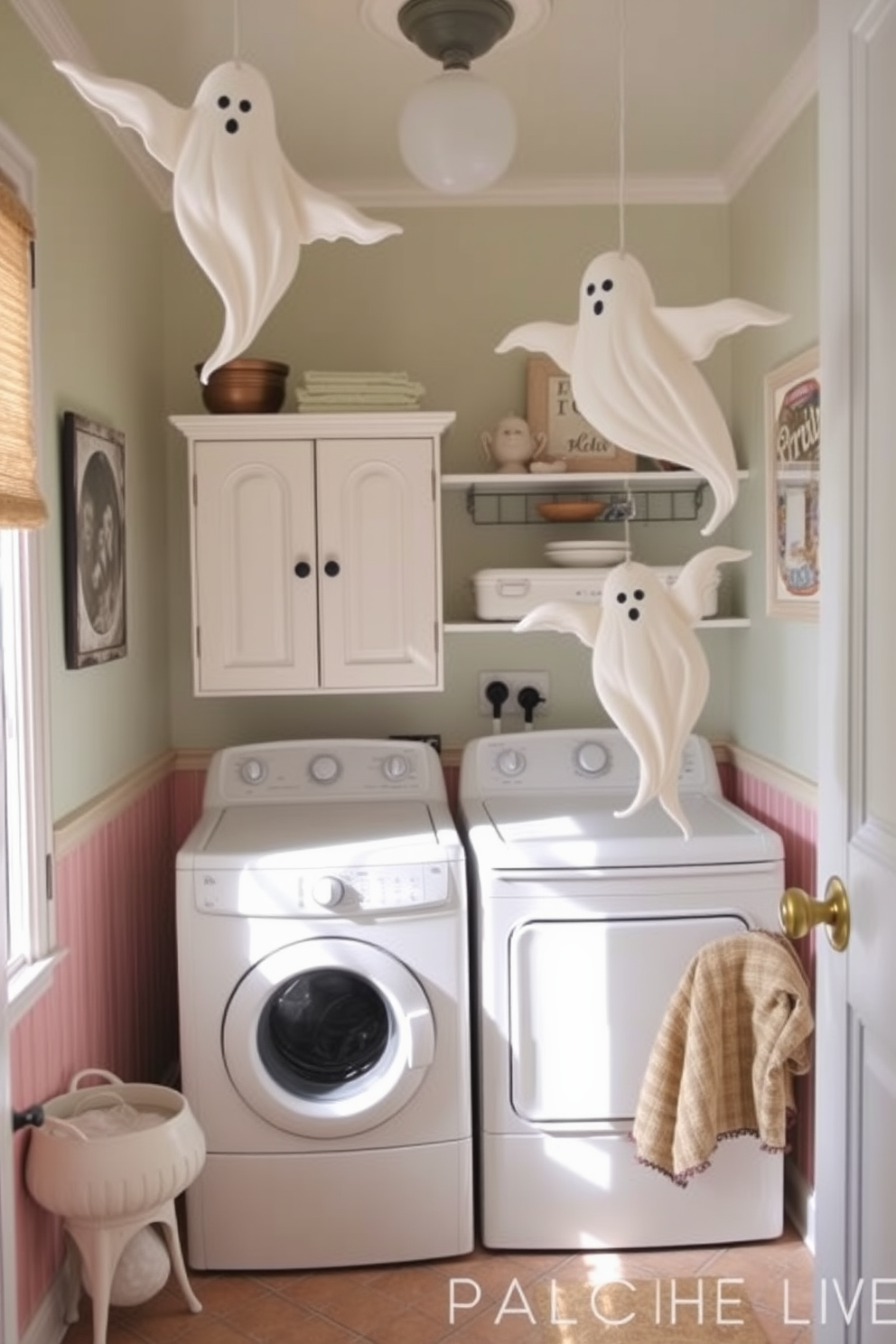 Decorative ghosts float gracefully in the corners of a cozy laundry room, adding a whimsical touch to the space. The walls are painted in soft pastel colors, and the laundry appliances are neatly tucked away behind charming, vintage-style cabinetry.