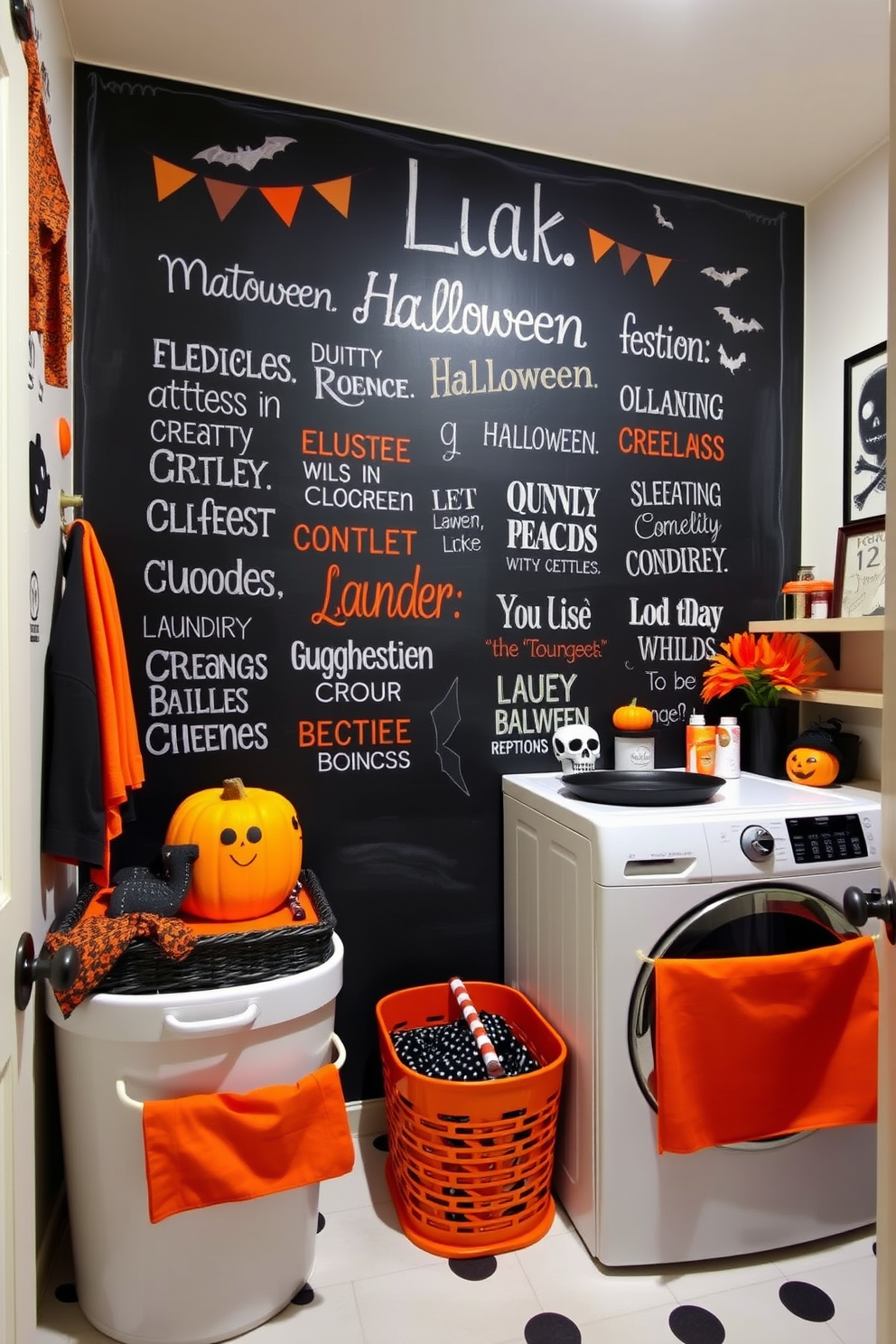 A whimsical laundry room featuring a large chalkboard wall adorned with playful Halloween-themed puns. The space is bright and cheerful, with orange and black accents throughout, including decorative laundry baskets and spooky wall art.