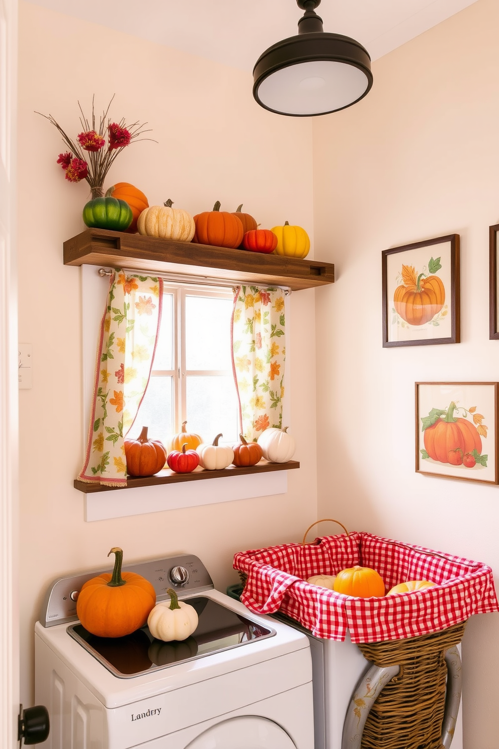 A laundry room adorned with colorful pumpkins as decor accents creates a festive and inviting atmosphere. The walls are painted a soft cream color, and a rustic wooden shelf displays an assortment of pumpkins in various sizes and hues. Brightly patterned curtains frame the window, adding a touch of whimsy to the space. A vintage laundry basket sits in the corner, complemented by cheerful autumn-themed artwork on the walls.