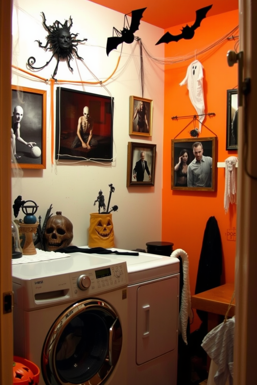 A laundry room decorated for Halloween features eerie photographs hanging on the walls, creating a spooky atmosphere. The space is adorned with cobwebs and ghostly decorations, while a vibrant orange and black color scheme sets the tone.