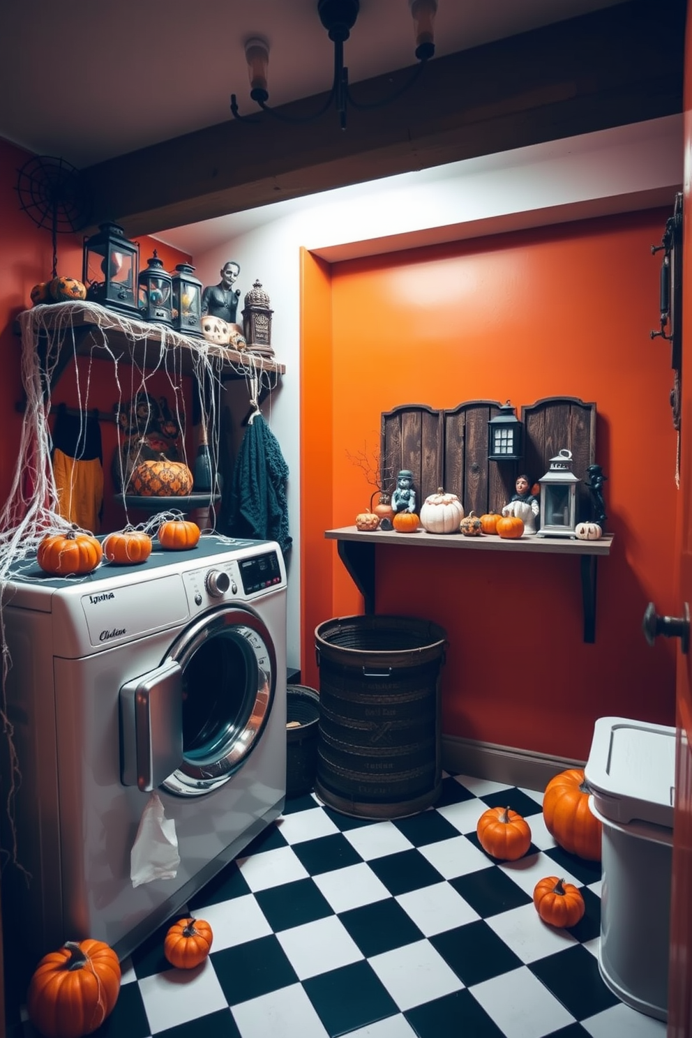 Vintage Halloween decorations create a whimsical atmosphere in a laundry room. The space features a classic washing machine adorned with cobwebs and miniature pumpkins scattered around. A rustic wooden shelf displays an array of vintage Halloween items like old-fashioned lanterns and spooky figurines. The walls are painted in a deep orange hue, complemented by black and white checkered flooring for a festive touch.