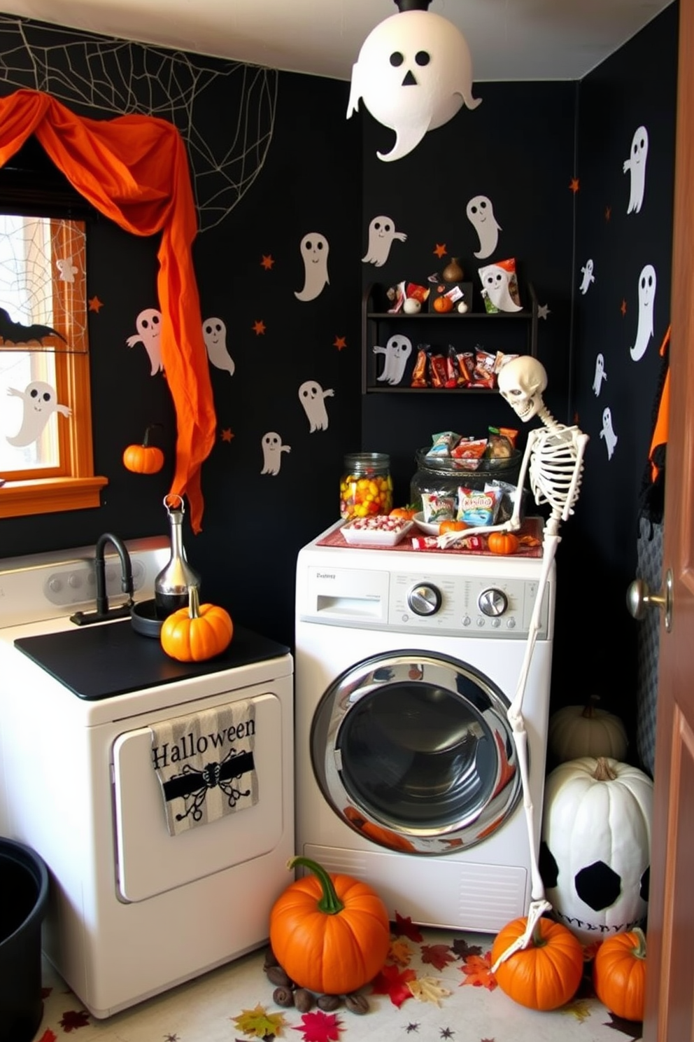 A whimsical laundry room transformed for a Halloween party. The walls are adorned with spooky decorations like cobwebs and ghost cutouts, while a black and orange color scheme sets the festive mood. A vintage washing machine is repurposed as a candy station, filled with treats for guests. Pumpkins and autumn leaves are scattered around, and a playful skeleton leans against the dryer for a fun touch.