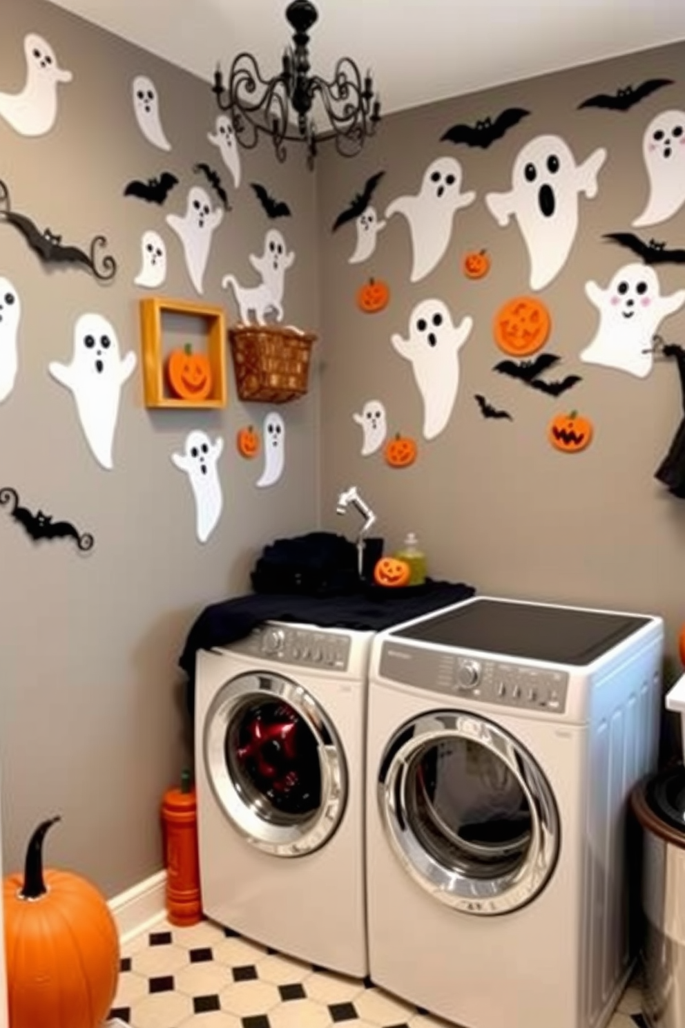 A laundry room with a whimsical Halloween theme. The walls are adorned with ghostly wall art featuring playful spirits and pumpkins, creating a festive atmosphere.