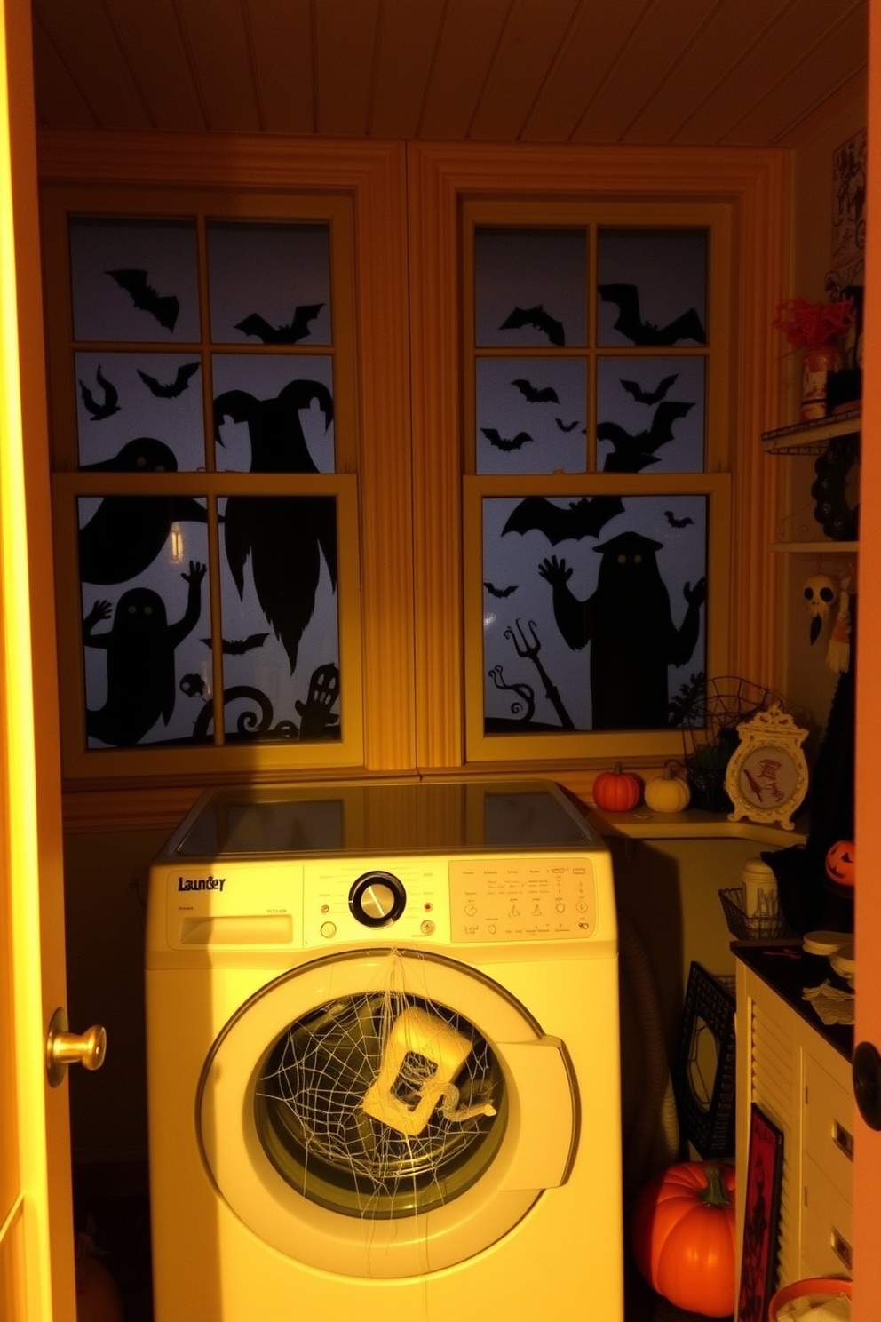 Spooky silhouettes of ghosts and bats are displayed in the laundry room windows, casting eerie shadows on the walls. The room is adorned with Halloween-themed decorations, including a cobweb-covered washing machine and orange and black accents throughout.