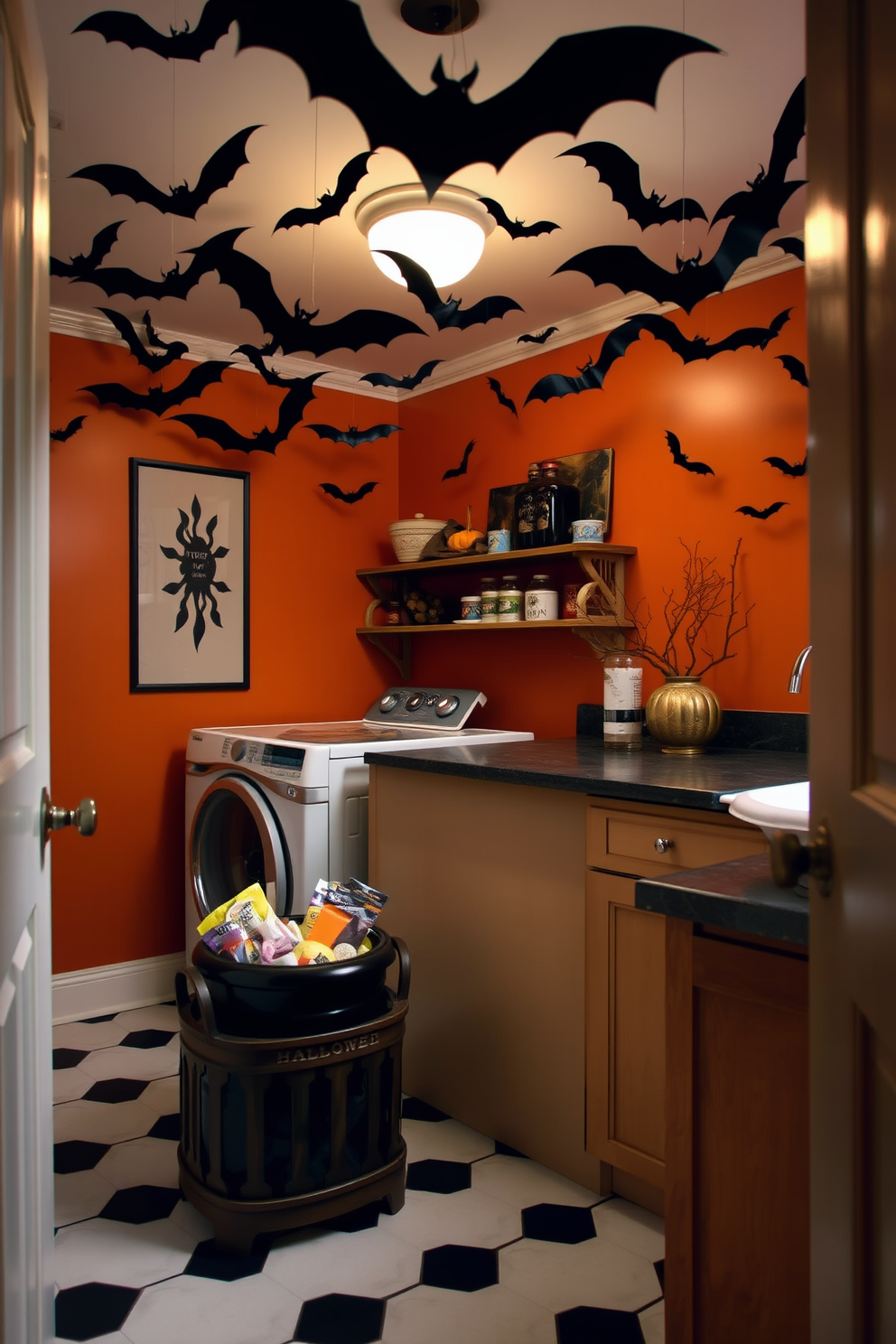 A spooky laundry room with bat silhouettes hanging from the ceiling creates a festive Halloween atmosphere. The walls are painted in a deep orange hue, and the floor is adorned with black and white checkered tiles. A vintage wooden laundry basket sits in the corner, filled with seasonal decorations. On the countertop, a small cauldron holds colorful laundry supplies, adding a playful touch to the space.